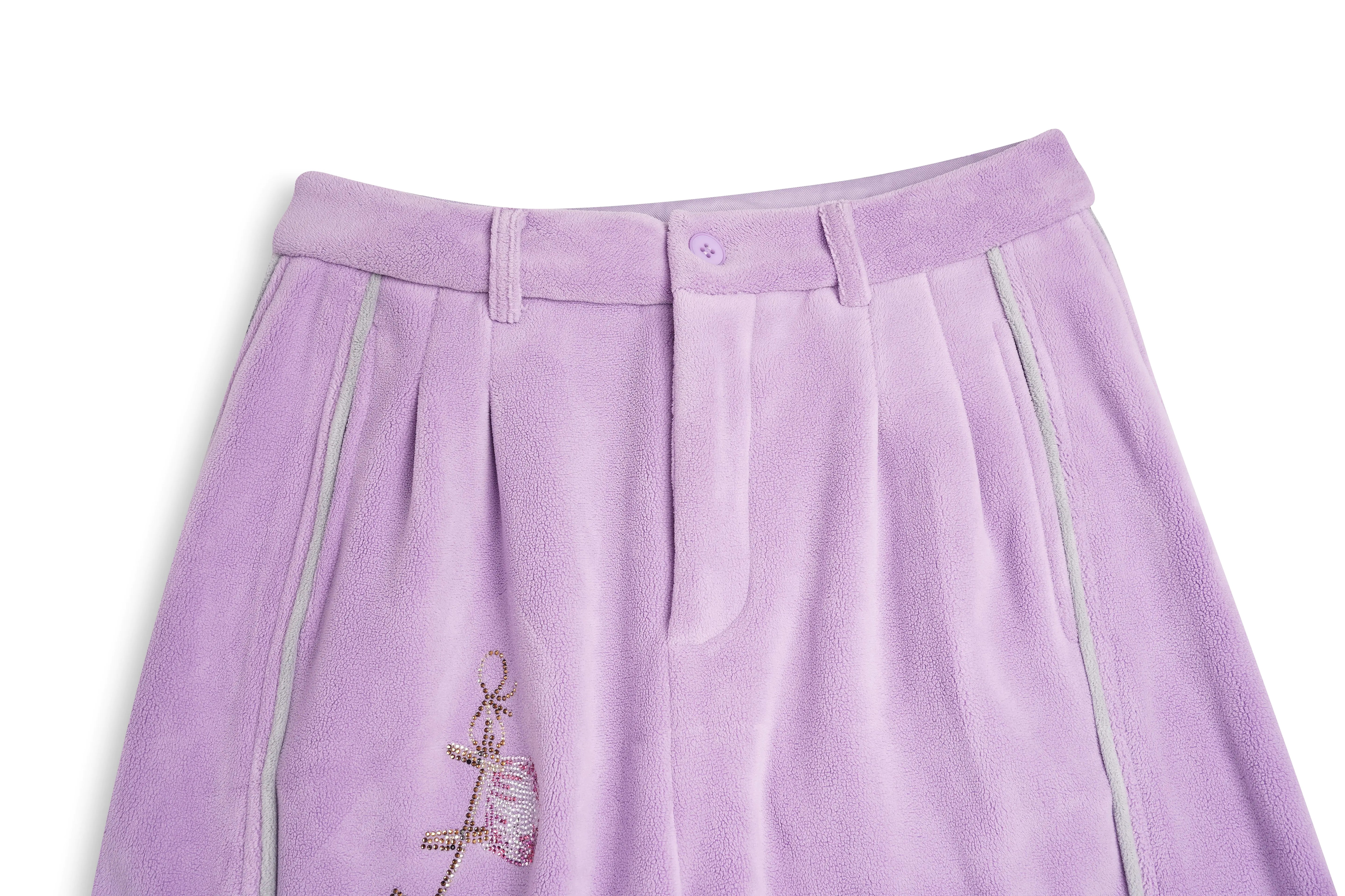 Purple pants with a small embroidered design on a white background, TCH Rhinestone Laundry Line Purple Zip Turtleneck Set