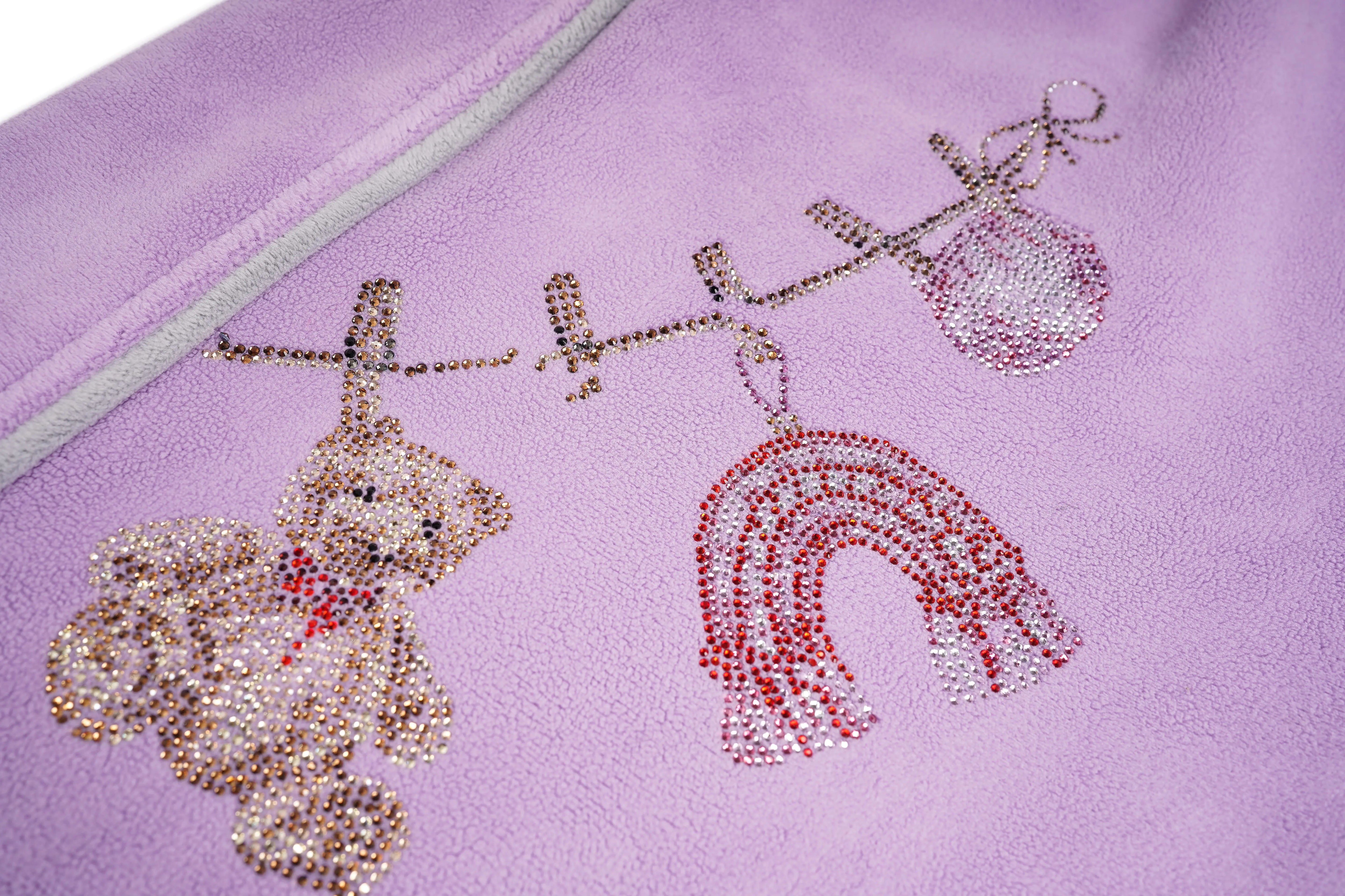 Decorative towel with teddy bear and rainbow design on a purple background, TCH Rhinestone Laundry Line Purple Zip Turtleneck Set