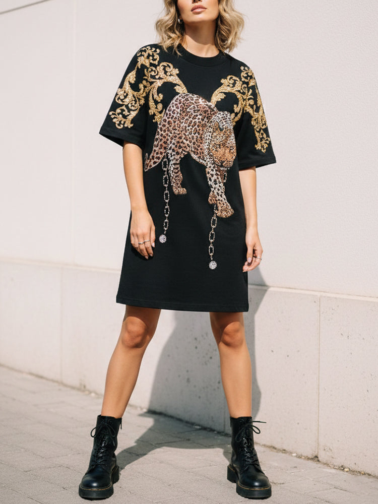 tch rhinestone leopard baroque print t-shirt dress black HighEnd Luxury Streetwear Brand Official Showcase