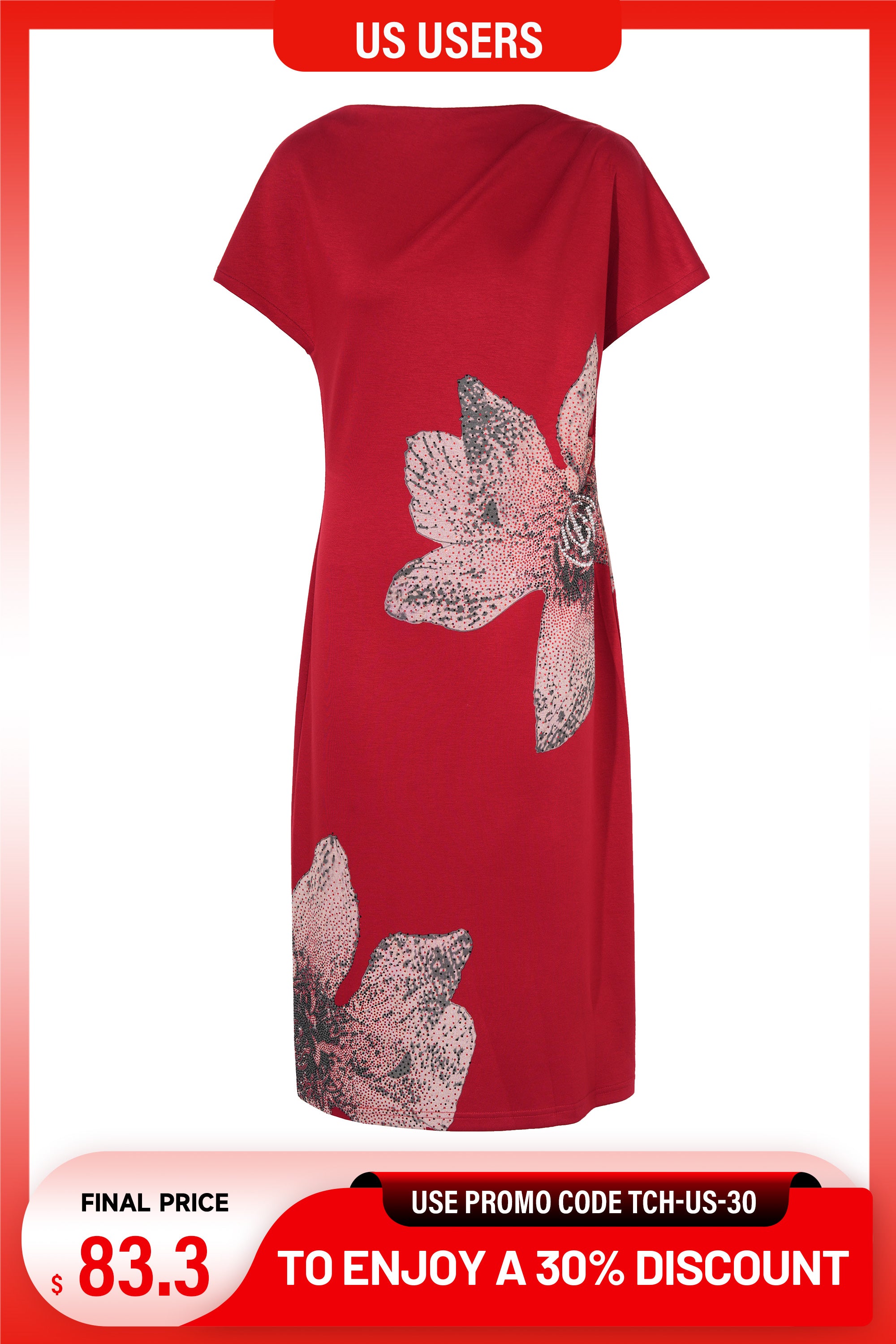 Red dress with floral patterns on a white background, TCH Rhinestone Lily Floral Red Bodycon Dress
