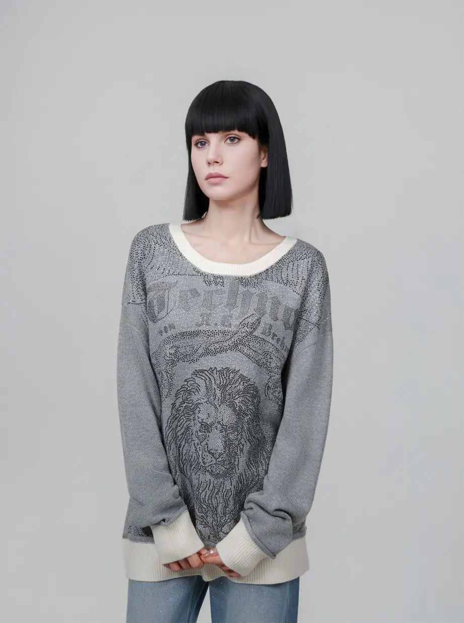 TCH Rhinestone Lion Graphic Grey Sweatshirt TCH lion graphic sweatshirt Grey rhinestone sweatshirt Lion print crewneck sweatshirt Gothic graphic sweatshirt Rhinestone embellished sweatshirt Grey streetwear sweatshirt Vintage lion graphic top  Grey crew neck pullover Graphic long sleeve sweatshirt Unisex lion print sweatshirt