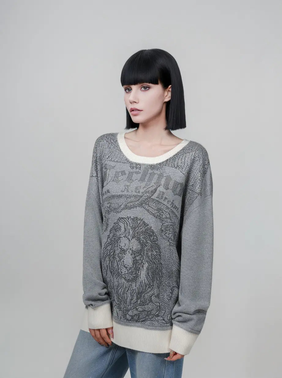 TCH Rhinestone Lion Graphic Grey Sweatshirt TCH lion graphic sweatshirt Grey rhinestone sweatshirt Lion print crewneck sweatshirt Gothic graphic sweatshirt Rhinestone embellished sweatshirt Grey streetwear sweatshirt Vintage lion graphic top  Grey crew neck pullover Graphic long sleeve sweatshirt Unisex lion print sweatshirt