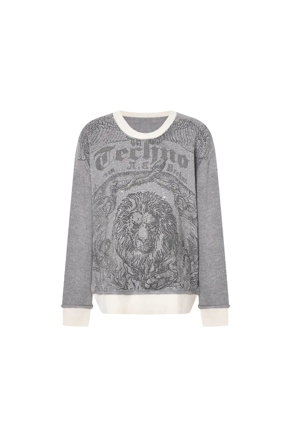 TCH Rhinestone Lion Graphic Grey Sweatshirt TCH lion graphic sweatshirt Grey rhinestone sweatshirt Lion print crewneck sweatshirt Gothic graphic sweatshirt Rhinestone embellished sweatshirt Grey streetwear sweatshirt Vintage lion graphic top  Grey crew neck pullover Graphic long sleeve sweatshirt Unisex lion print sweatshirt