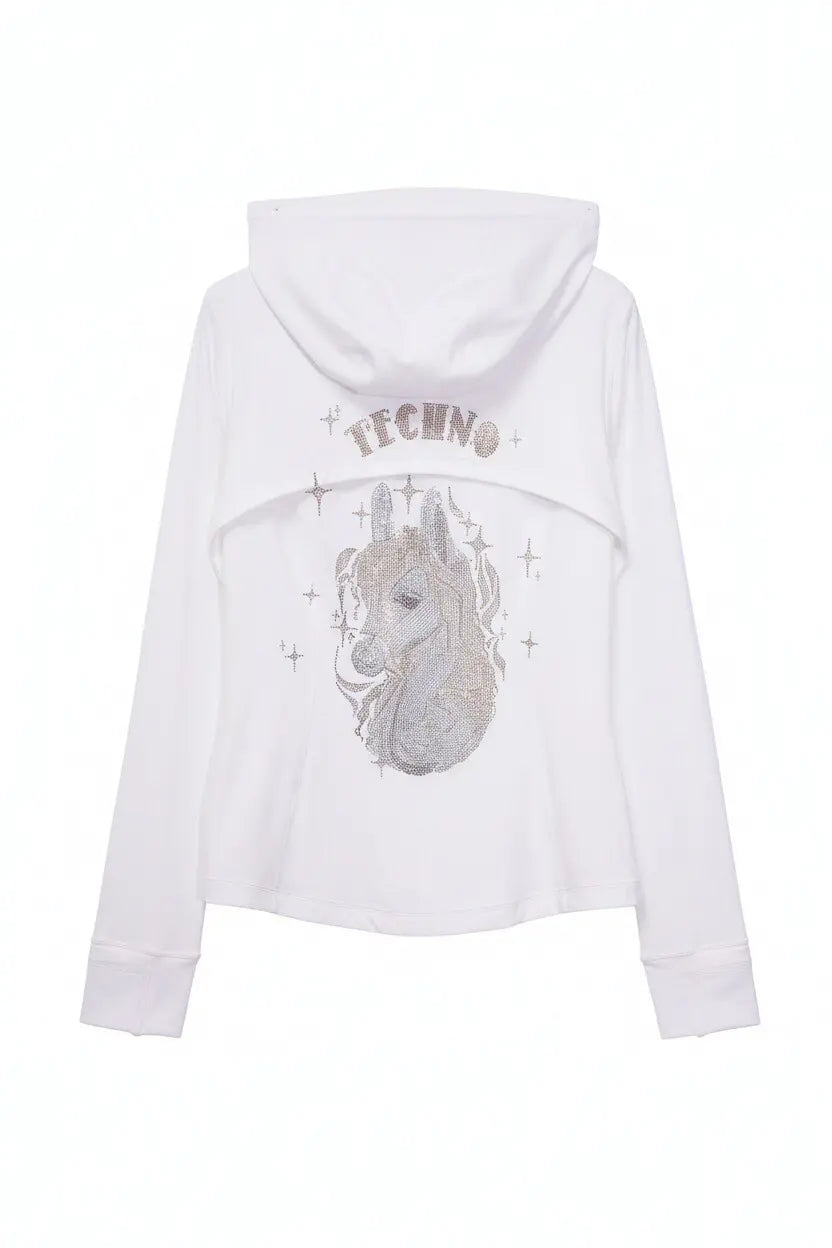 White hoodie with unicorn design and 'Techno' text on a white background, TCH Rhinestone Lion & Horse Head Hoodie