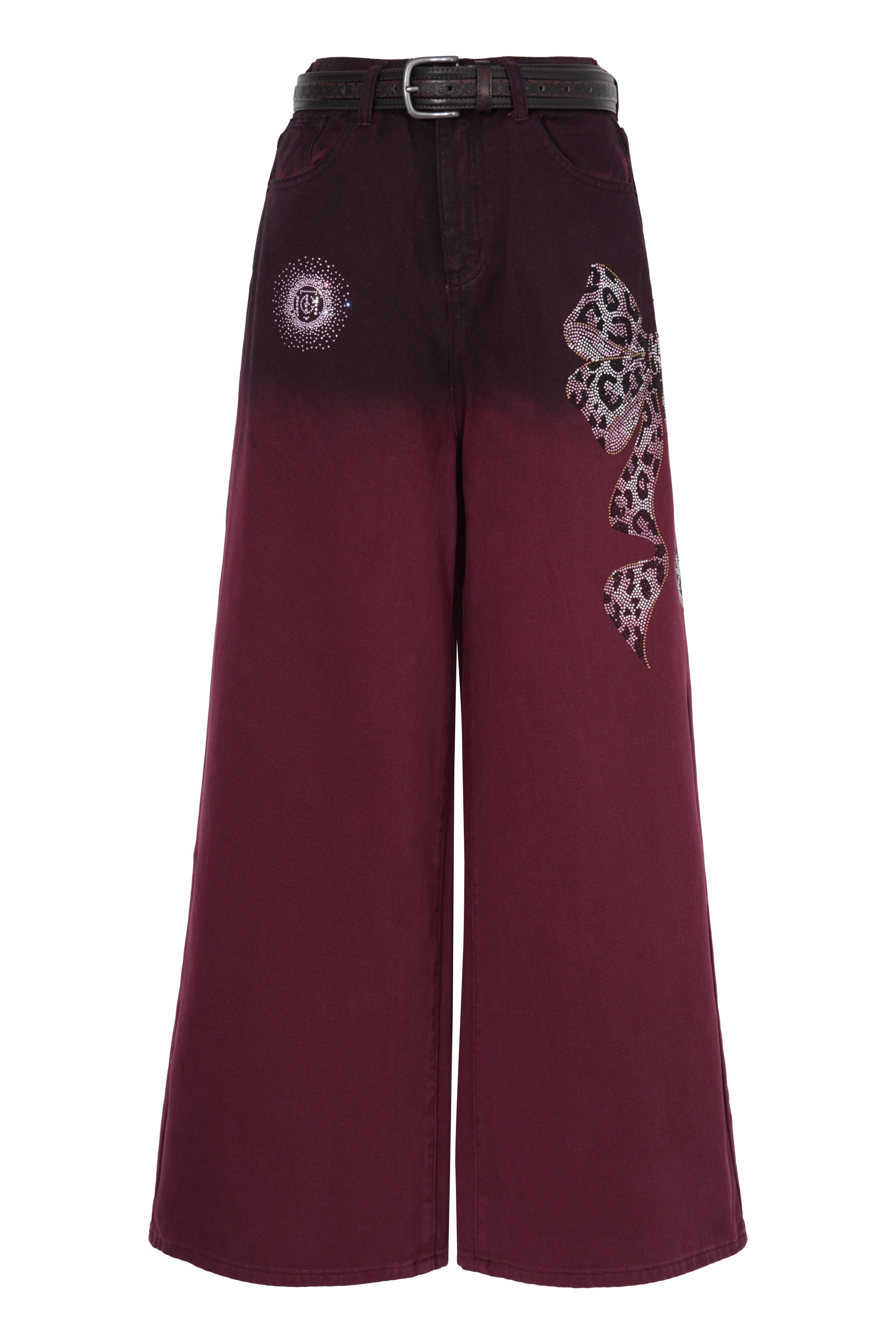 Maroon wide-leg pants with decorative patches on a white background, TCH Rhinestone Logo Red Denim Jeans