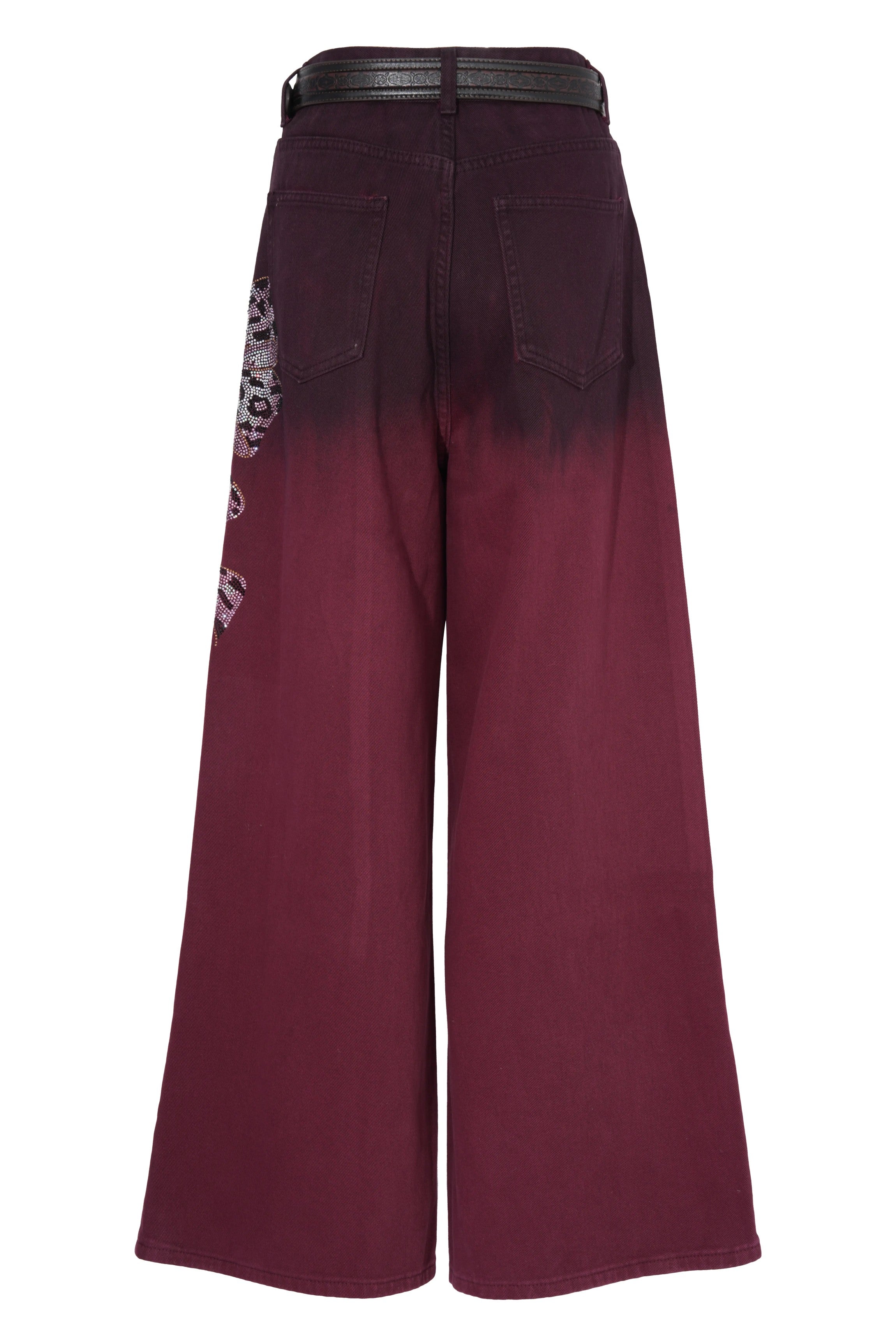Maroon pants with gradient effect and black belt on a white background, TCH Rhinestone Logo Red Denim Jeans