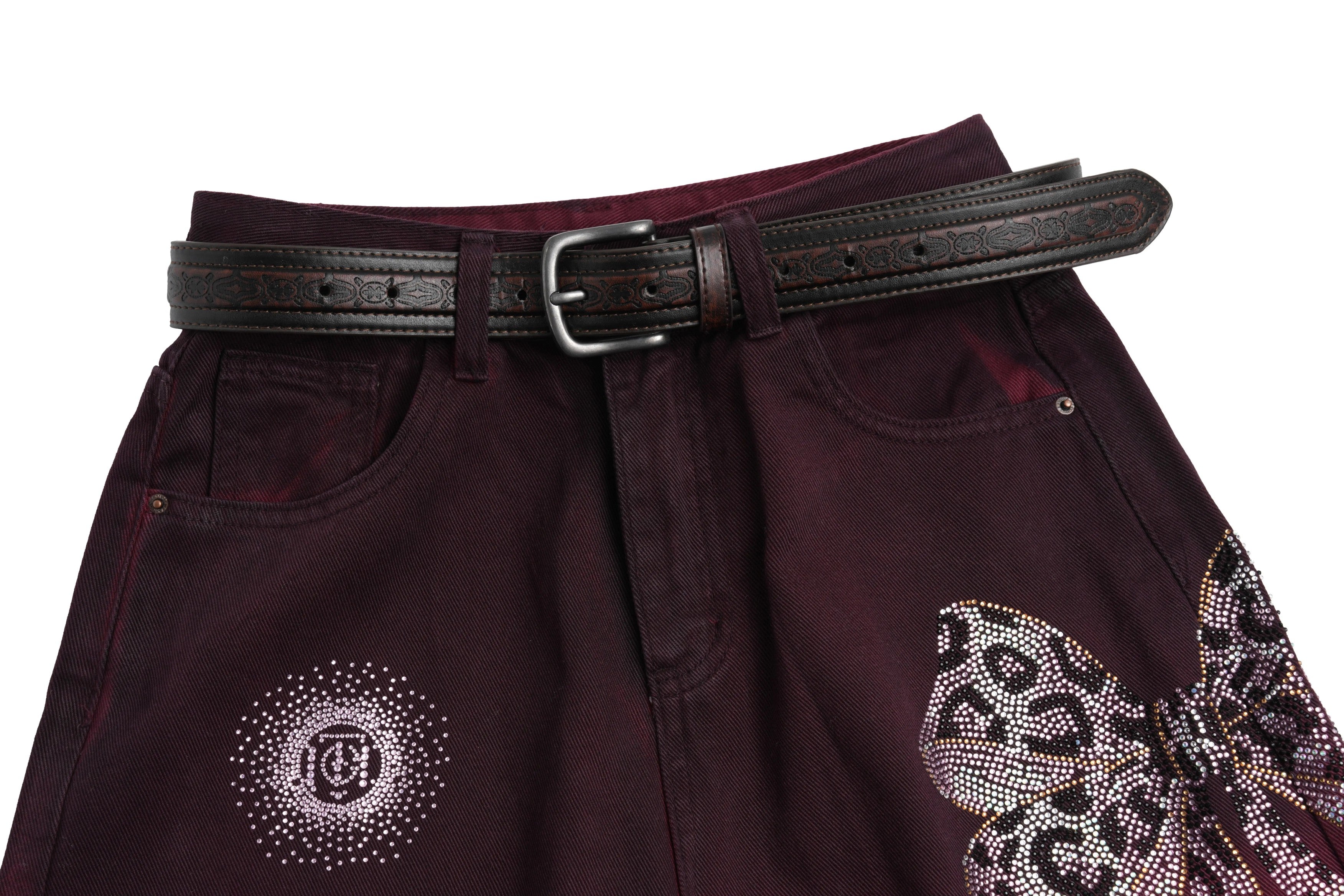 Maroon pants with decorative patterns and a belt on a white background, TCH Rhinestone Logo Red Denim Jeans