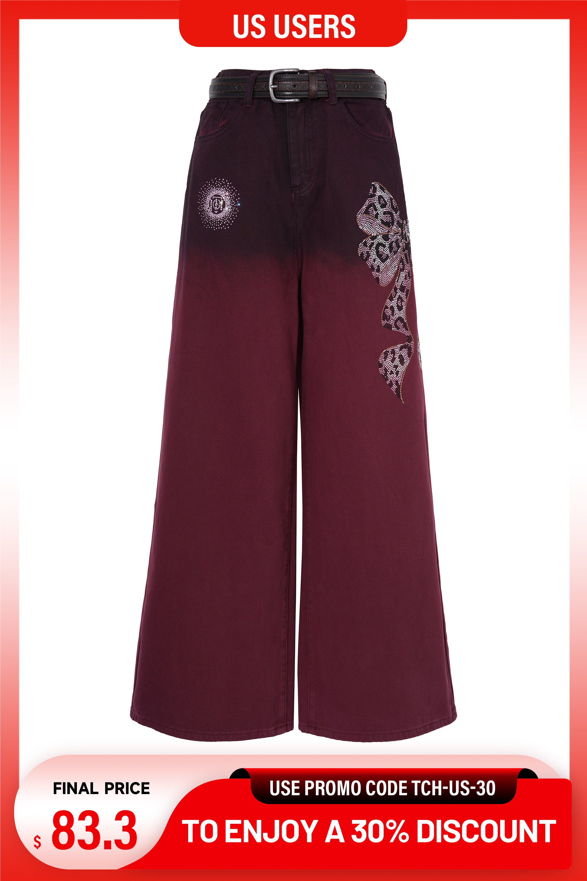 Maroon wide-leg pants with lace details on a white background, promotional banner at the bottom. TCH Rhinestone Logo Red Denim Jeans with Crystal Bow Detail