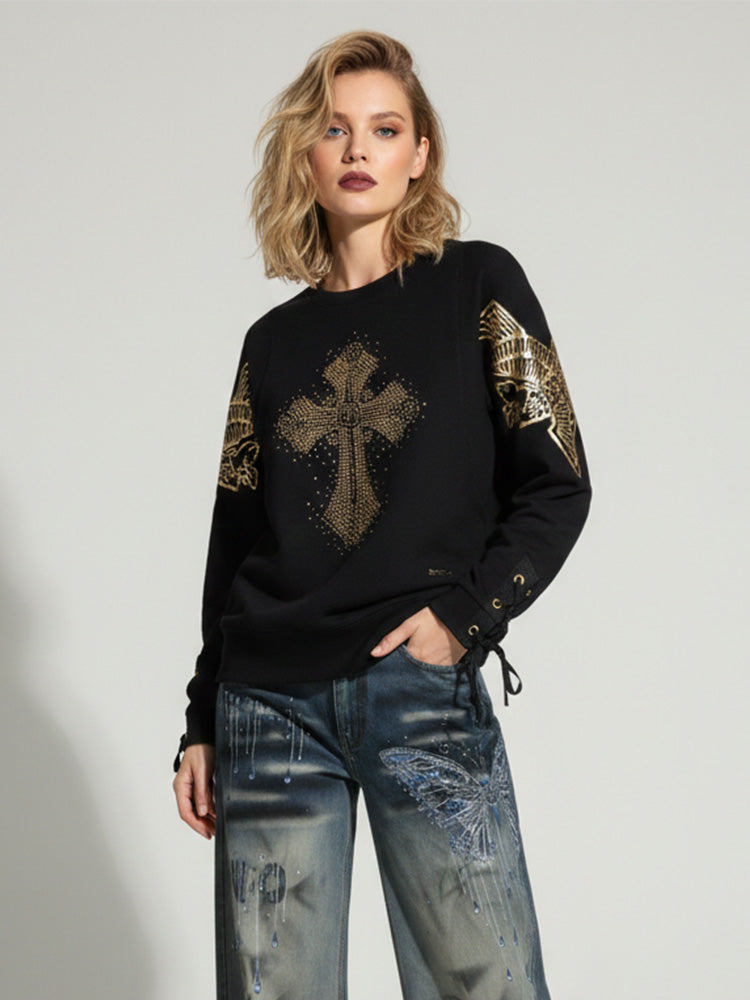 TCH Rhinestone Luxe Cross & Wings Sweatshirt black HighEnd Luxury Streetwear Brand Official Showcase