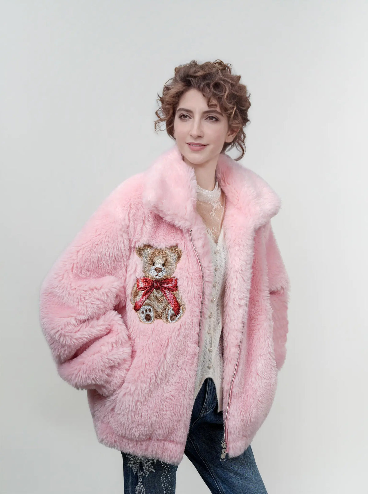 TCH Rhinestone Luxe Pink Faux Fur Teddy Jacket