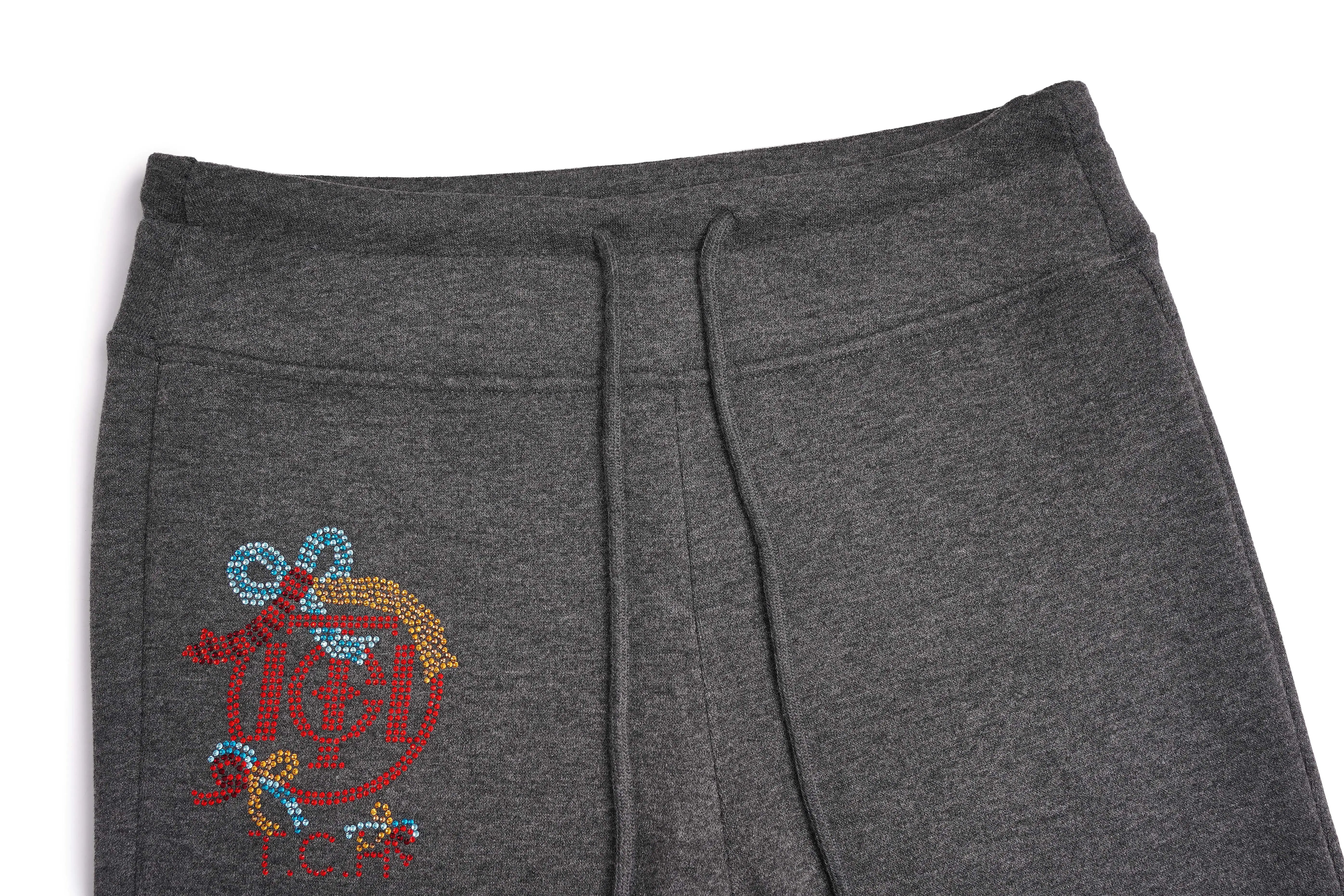 Gray sweatpants with a colorful logo on a white background, TCH Rhinestone New Year Logo Teddy Bear Grey Jogger Pants