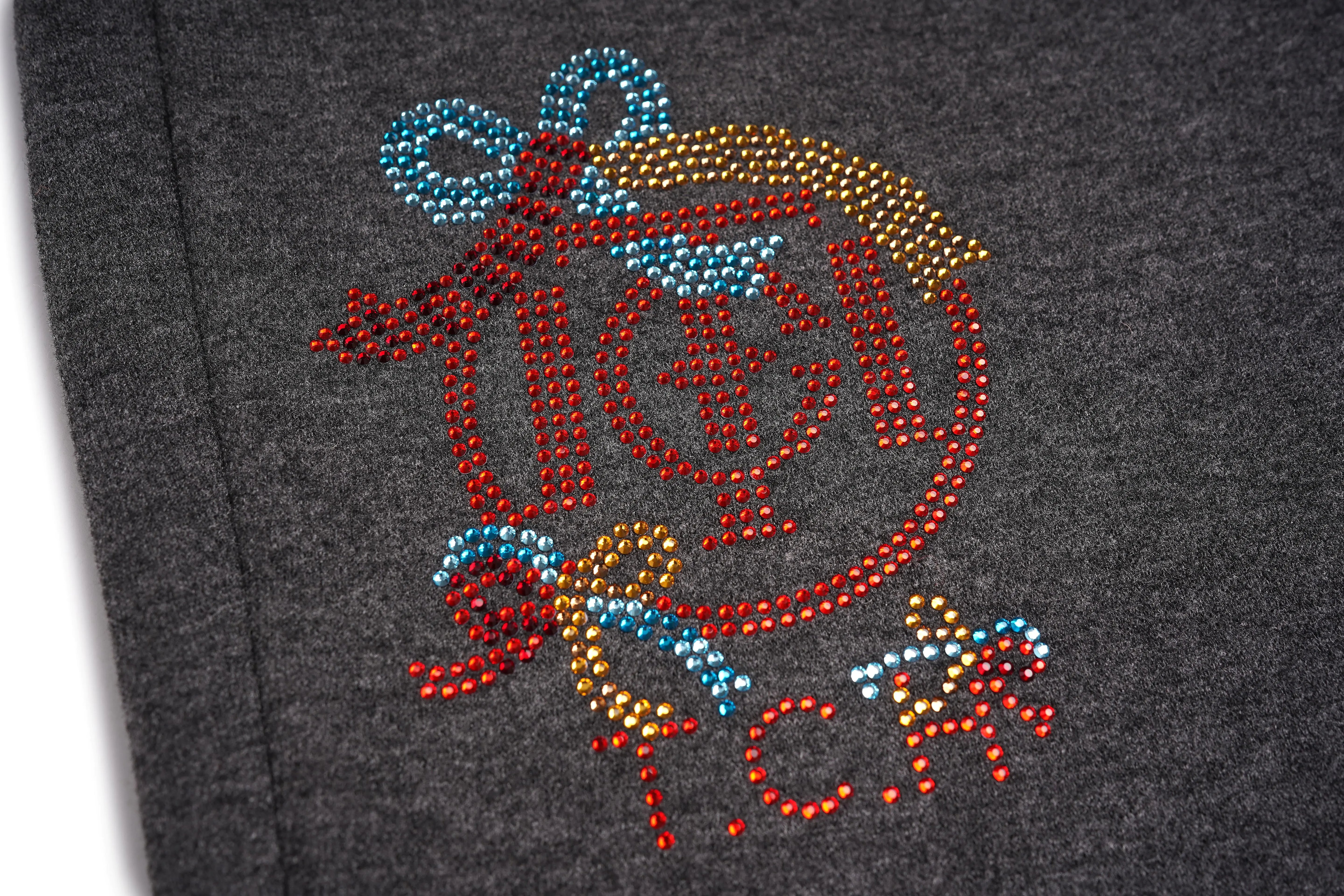 Decorative emblem with colorful rhinestones on a dark fabric background, TCH Rhinestone New Year Logo Teddy Bear Grey Jogger Pants
