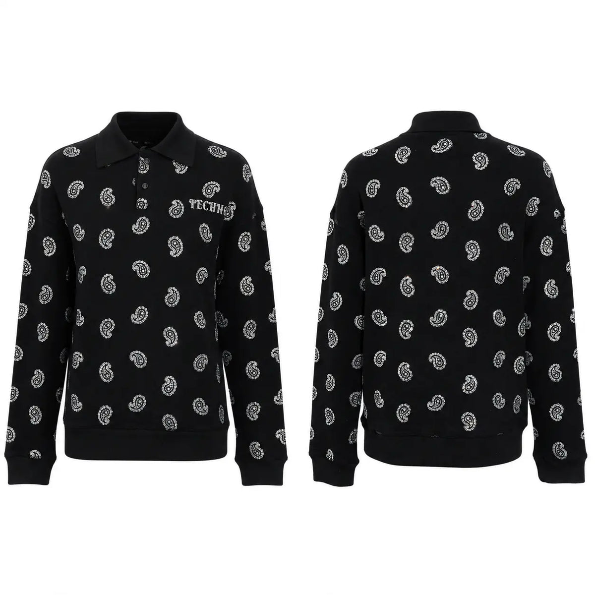 Black long-sleeve polo sweatshirt with an all-over white paisley pattern, shown from both the front and back views on a plain white background. TCH Rhinestone Paisley Pattern Long Sleeve Polo Shirt
