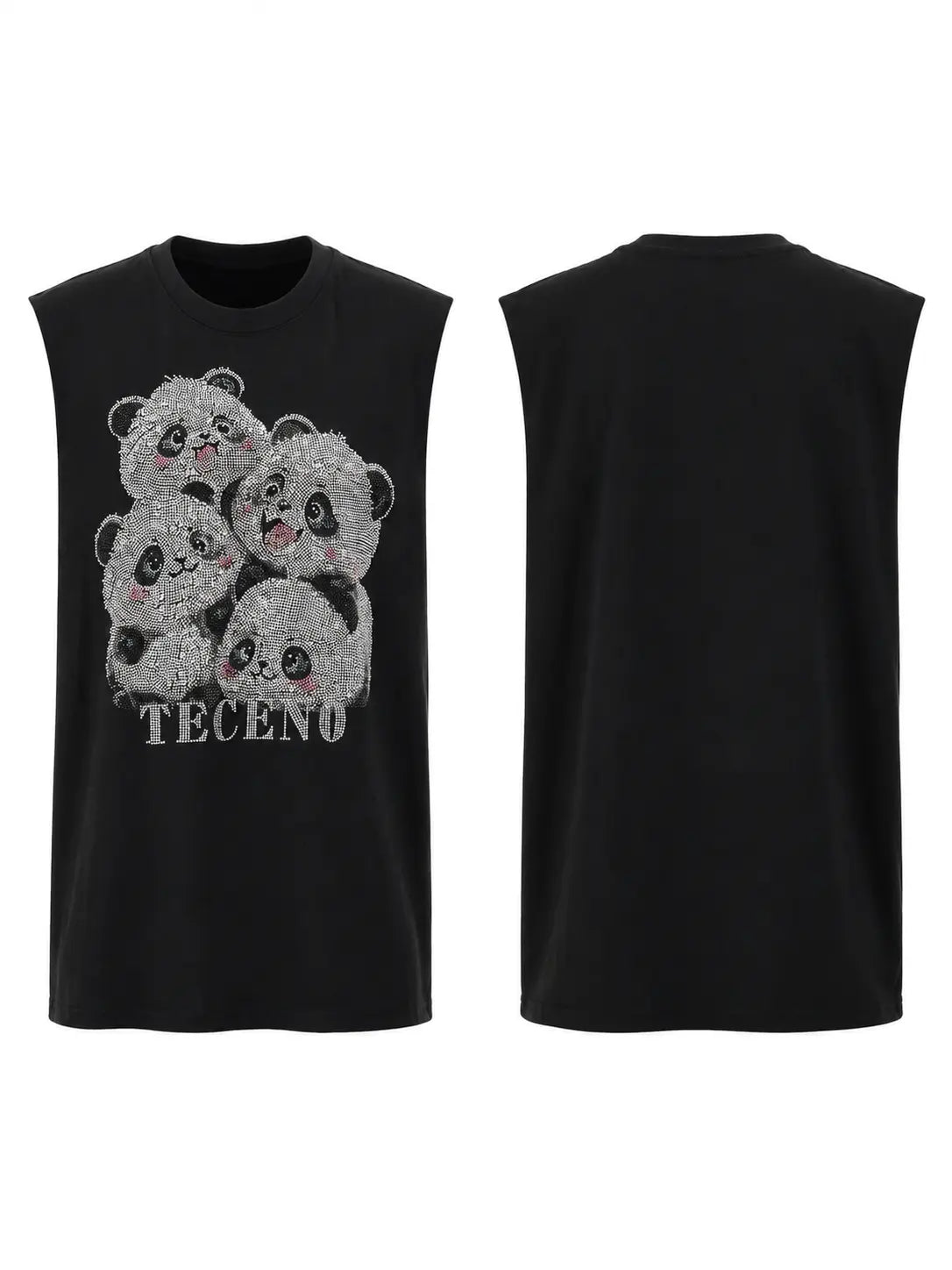 Black sleeveless t-shirt shown from both front and back. The front features a graphic of five cute panda faces with the word 'TECENO' printed below in a textured gray font. TCH Rhinestone Panda Graphic Sleeveless T-Shirt