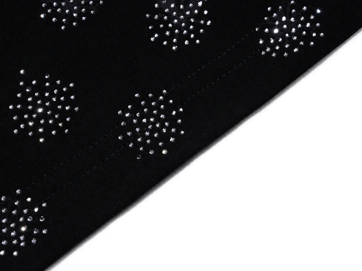 Black fabric trim featuring circular patterns of silver rhinestones, shown against a plain white background. TCH Rhinestone Pattern Long Sleeve Top