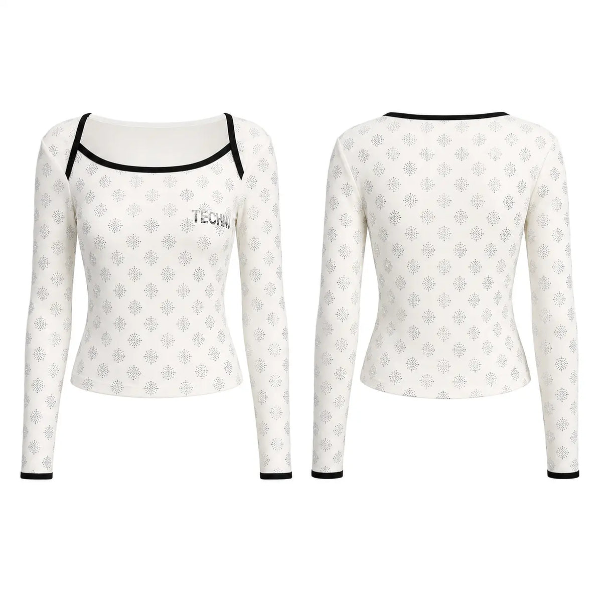 Front and back views of a long-sleeve crop top in off-white with a light gray geometric pattern, black trim on the scoop neckline, cuffs, and hem, and a small 'TECHN' text print on the front. TCH Rhinestone Pattern Long Sleeve Top