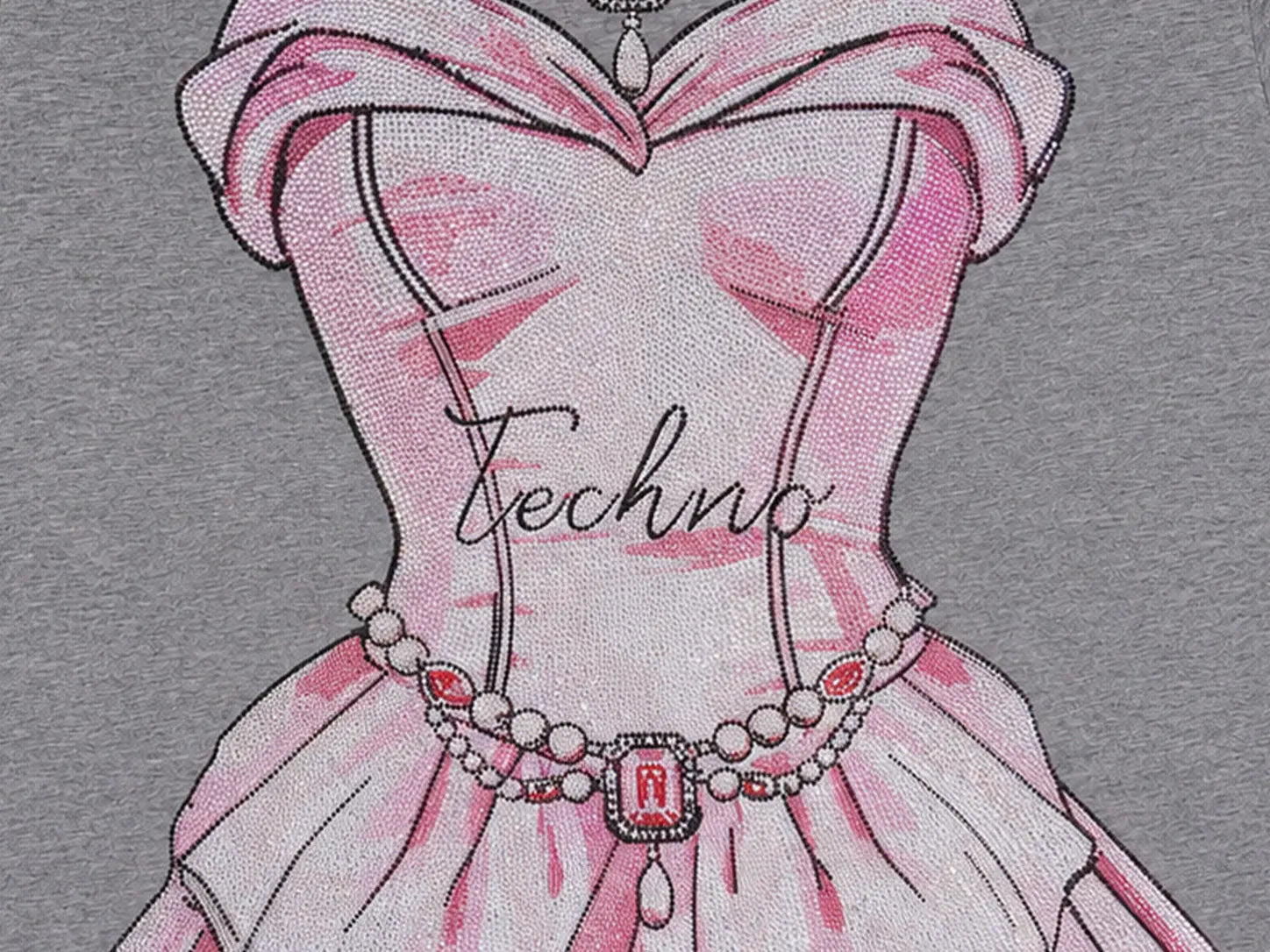 A close-up of a heather gray garment featuring a large pink and white graphic illustration of a corset-style dress with a jeweled waist detail and the word 'Techno' printed across the center. TCH Rhinestone Pearl Corset Graphic Mini Dress