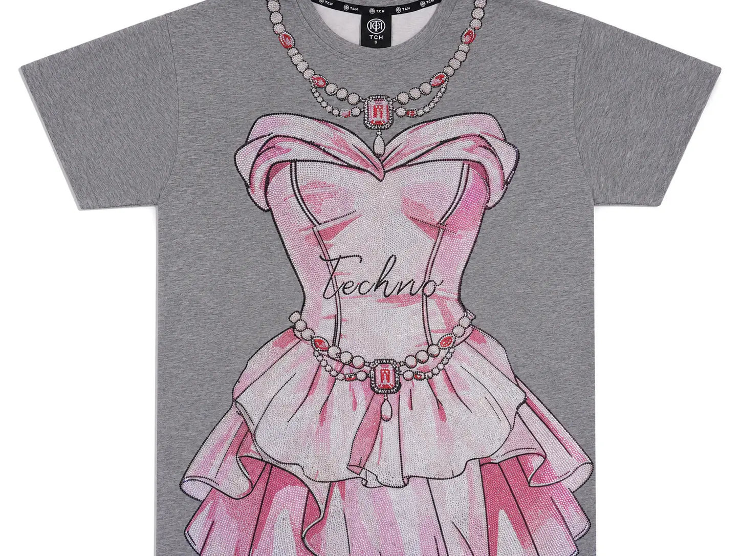 A heather gray short-sleeve t-shirt featuring a graphic print of a pink corset dress with a pearl necklace and the word 'Techno' printed on the front. TCH Rhinestone Pearl Corset Graphic Mini Dress