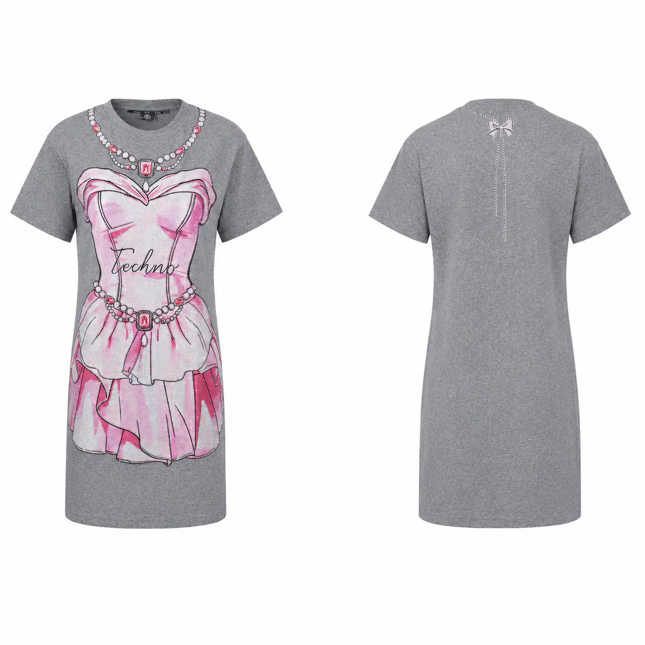A heather gray short-sleeve t-shirt dress shown from both the front and back. The front features a graphic print of a pink and white ruffled dress with a jeweled collar and the word 'Technique' written across the chest. TCH Rhinestone Pearl Corset Graphic Mini Dress
