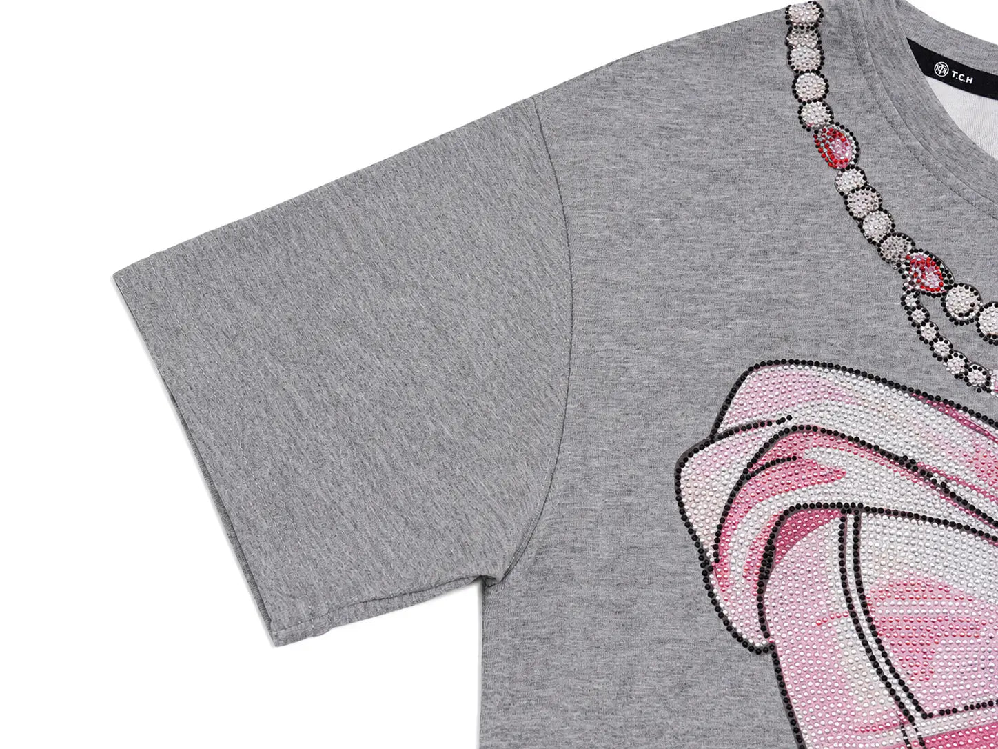 Close-up of a heather gray short-sleeve T-shirt with a large pink and white graphic on the front and a beaded necklace detail near the neckline, shown on a white background. TCH Rhinestone Pearl Corset Graphic Mini Dress