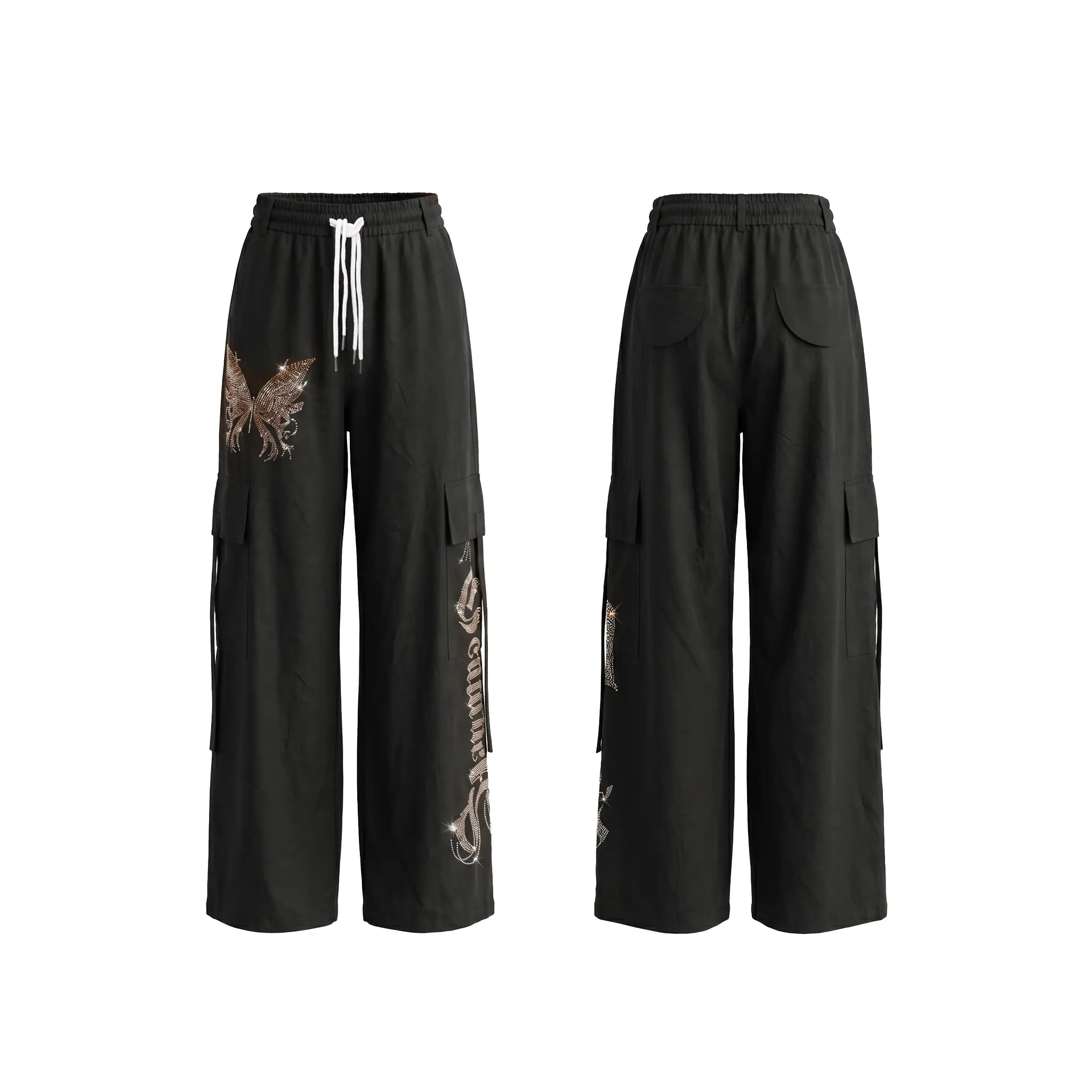 Black wide-leg cargo pants shown from the front and back, featuring a white drawstring, side cargo pockets, and graphic prints including a butterfly and vertical text. TCH Rhinestone Phoenix Cargo Wide-Leg Pants