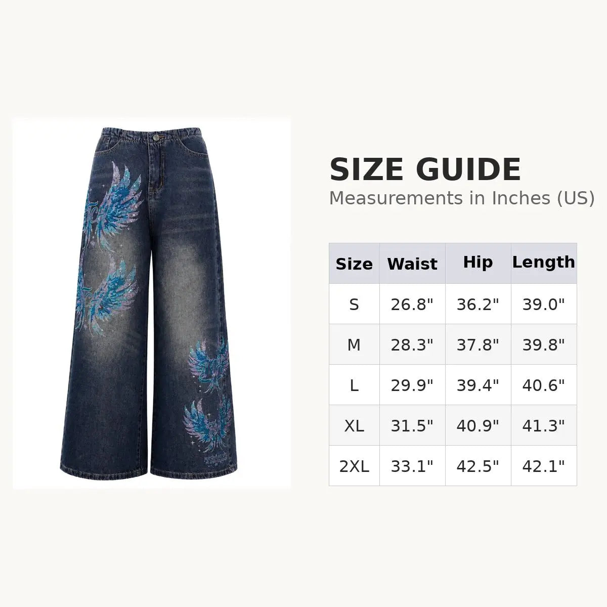 Wide-leg denim shorts with blue feather embroidery on a white background, next to a size guide table showing measurements in inches for sizes S through 2XL. TCH Rhinestone Phoenix Wide-Leg Jeans