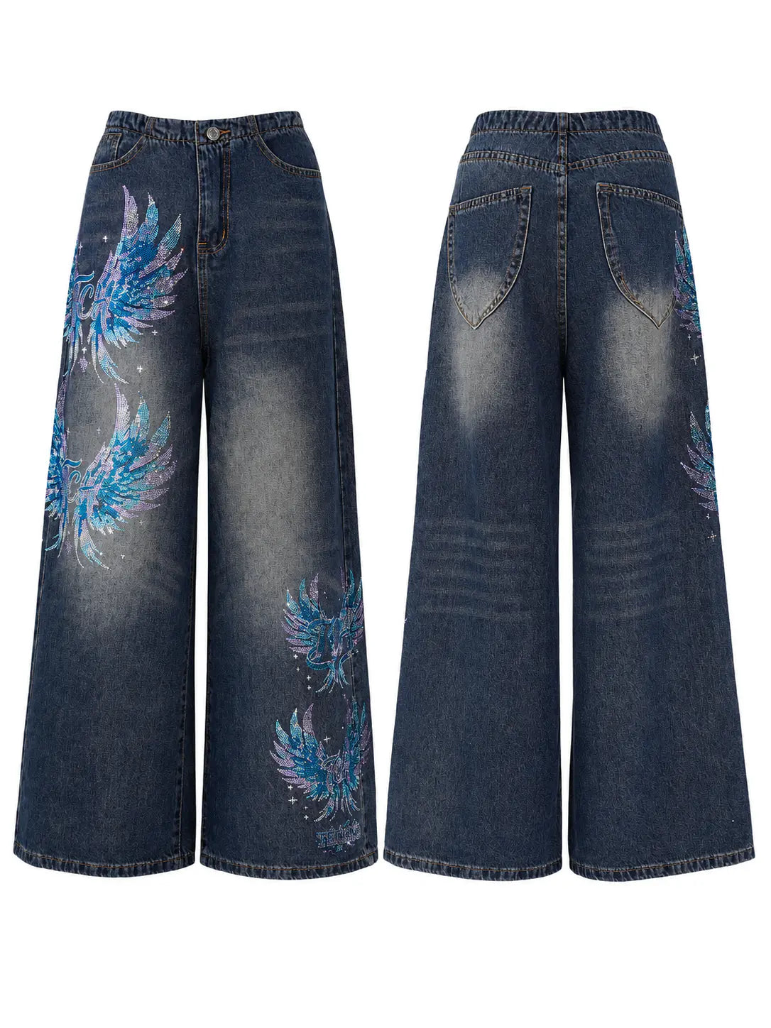 Front and back views of dark blue wide-leg denim jeans featuring blue and purple feather graphics on the legs, displayed against a solid white background. TCH Rhinestone Phoenix Wide-Leg Jeans