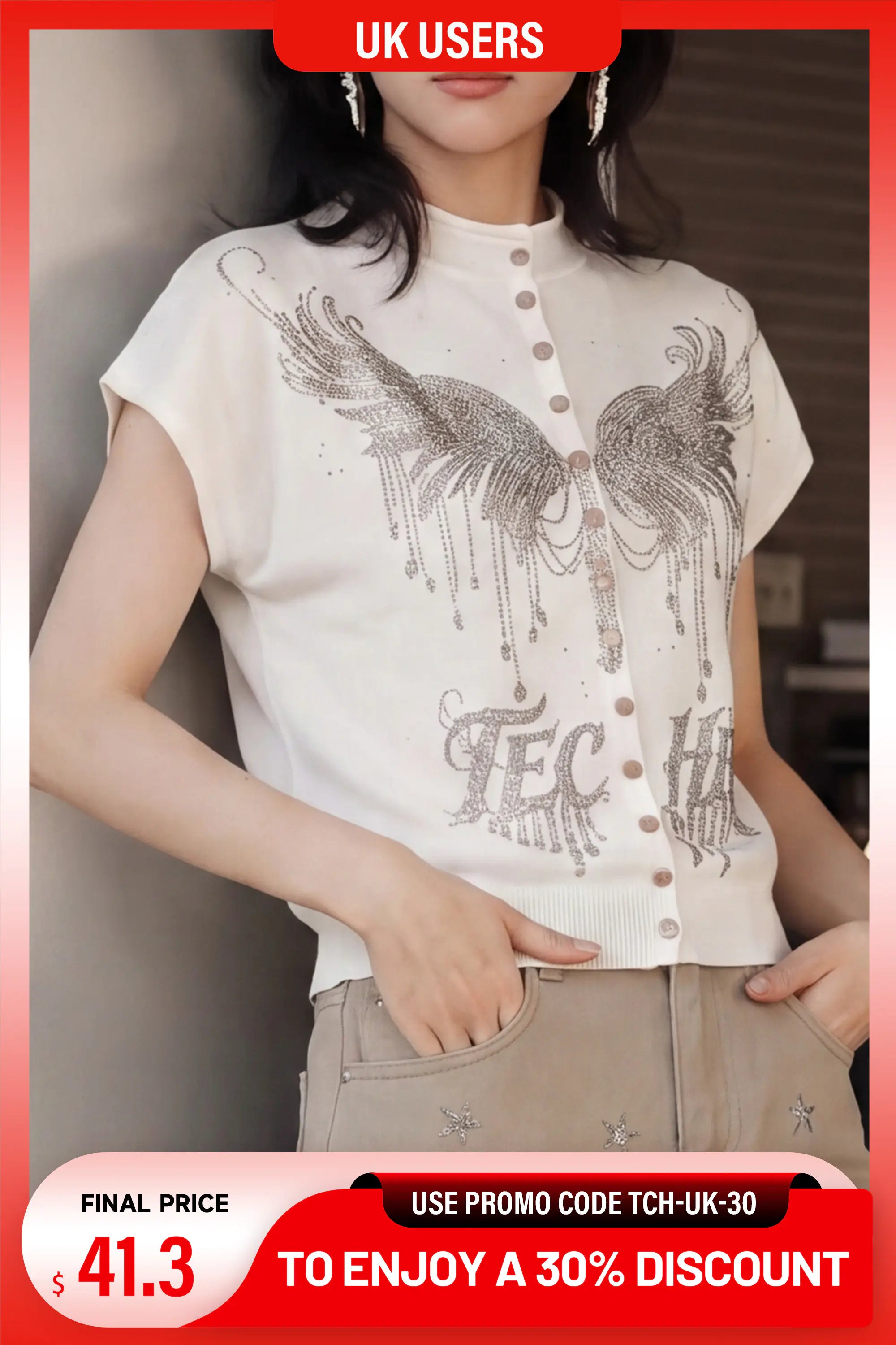 A model wearing light blue high-waisted wide-leg jeans with colorful butterfly and floral embroidery, distressed rips, and a white top, shown against a light gray background with promotional text banners. TCH Rhinestone Phoenix Wings Button Knit
