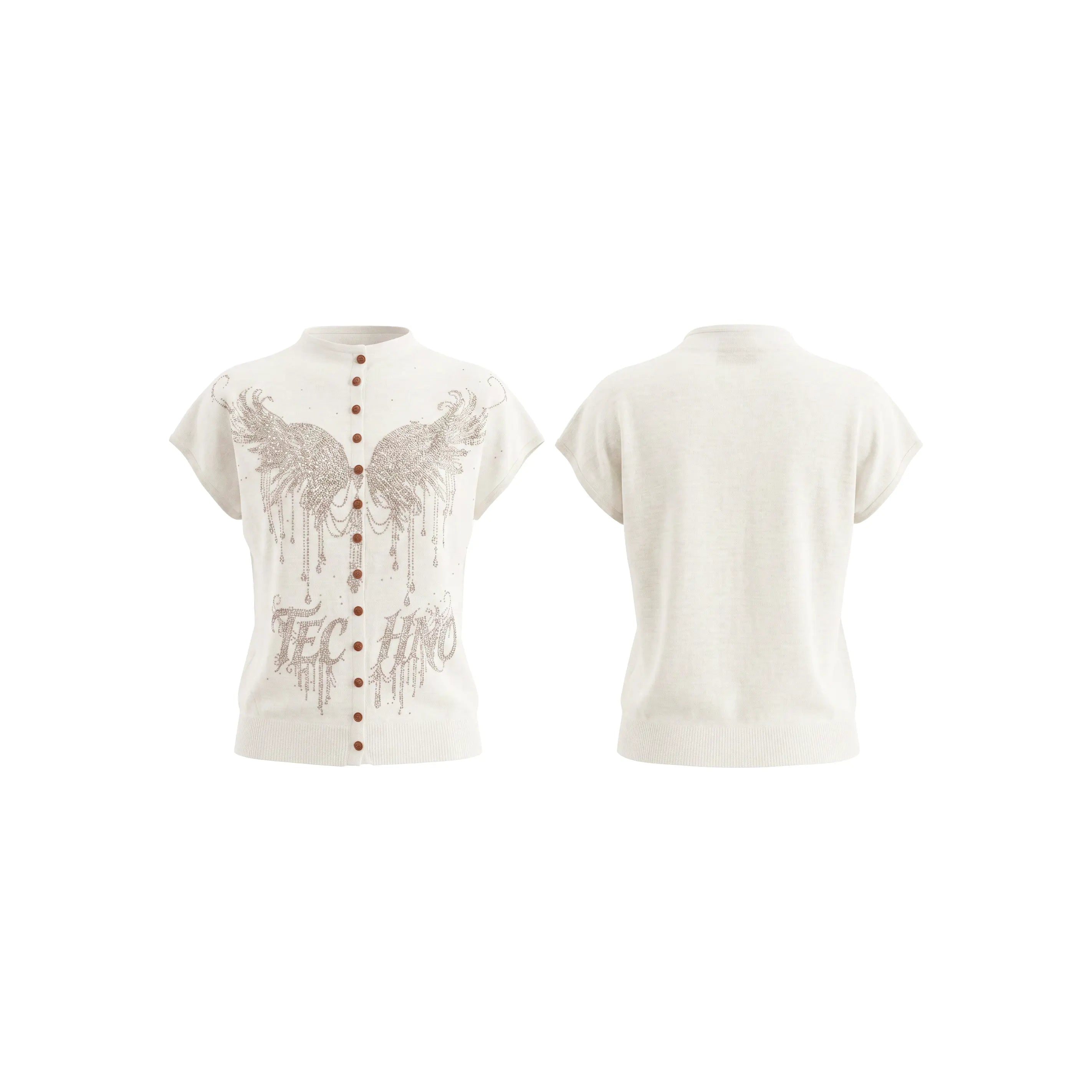 An off-white short-sleeve knit top shown from both front and back. The front features a central button placket with brown buttons, a large metallic silver graphic of two dripping wings, and the text 'TECH HERO' printed below. TCH Rhinestone Phoenix Wings Button Knit Top