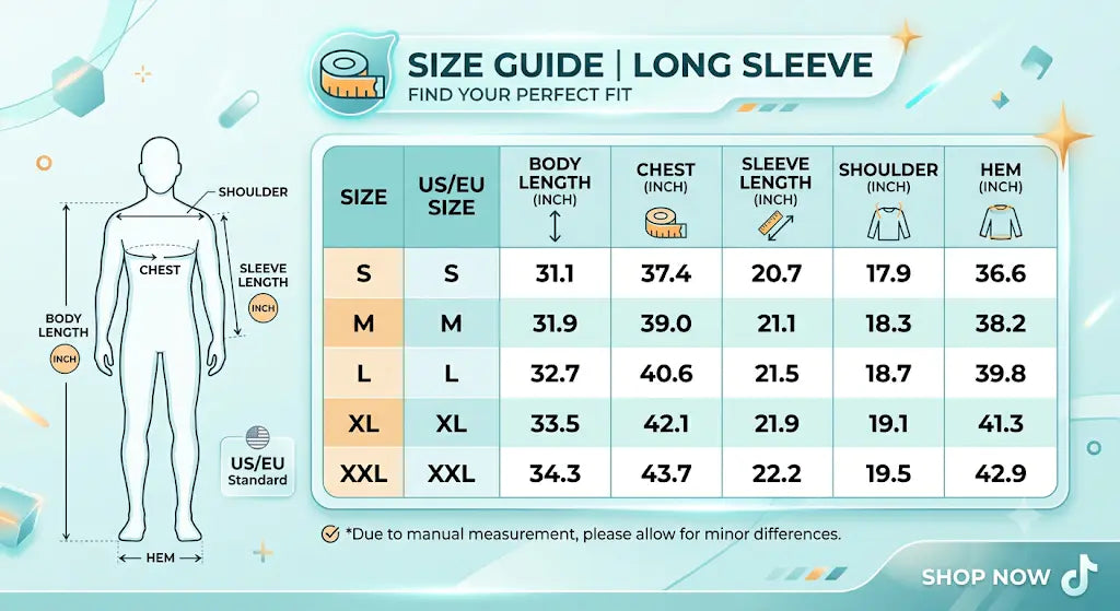A size guide infographic for long-sleeve shirts, showing a human body outline with labeled measurements and a size chart table listing S through XXL body length, chest, sleeve length, shoulder, and hem in inches. TCH Rhinestone Pig Graphic Long Sweatshirt Dress