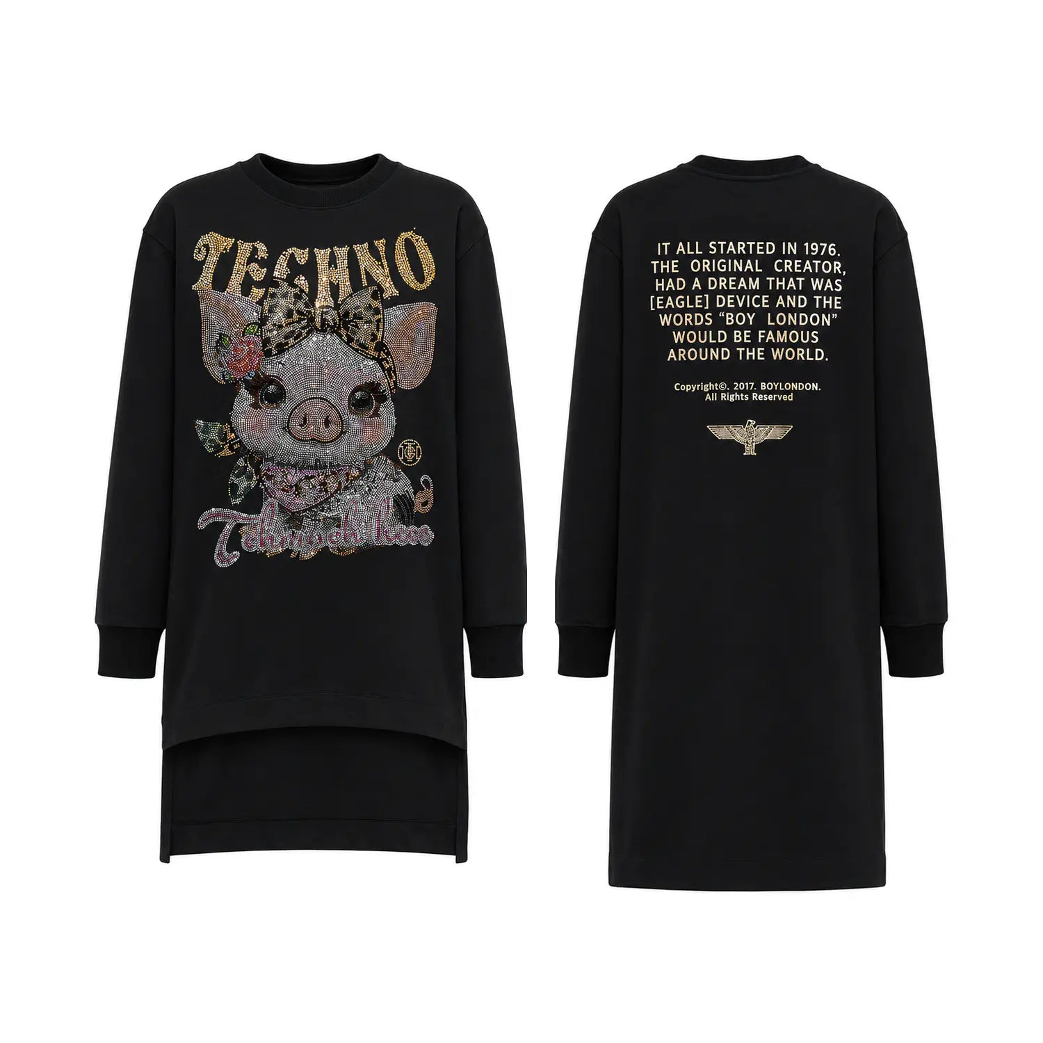 Black long-sleeve sweatshirt dress shown from the front and back on a white background. The front features a large graphic of a pig wearing a techno hat with 'TECHNO' text above and 'Technology' below. TCH Rhinestone Pig Graphic Long Sweatshirt Dress