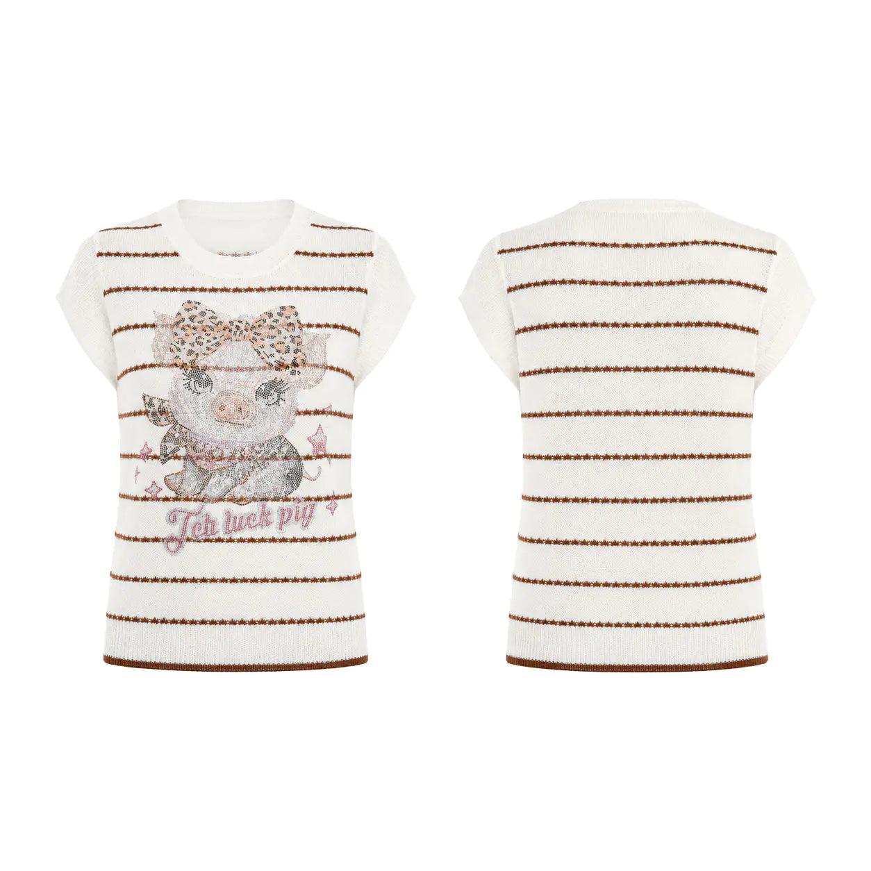 A short-sleeve knit top shown from both front and back, featuring an off-white base with thin brown horizontal stripes and a large front graphic of a pig wearing a leopard-print bow with the text 'Jeh luck pig' in pink script. TCH Rhinestone Piggy Bow Striped Knit Top