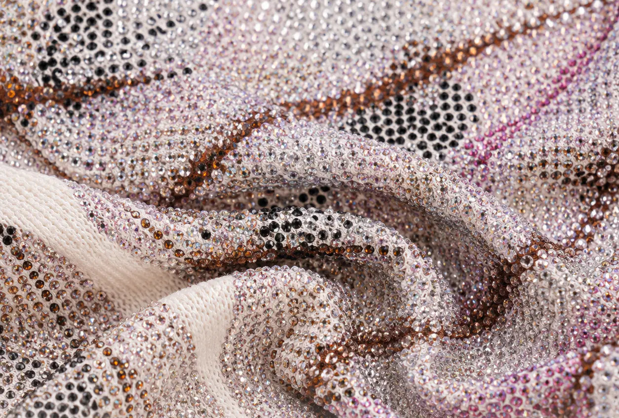 A close-up of a heavily embellished knit fabric with dense rhinestone and beadwork in silver, white, black, bronze-brown, and soft pink tones, arranged in soft folds. TCH Rhinestone Piggy Bow Striped Knit Top