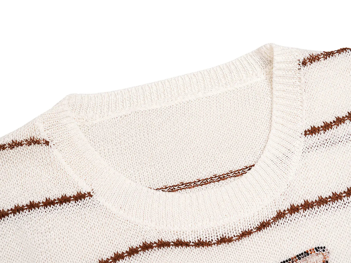 Close-up of a cream-colored knit sweater with brown textured horizontal stripes, showing the ribbed crew neck collar. TCH Rhinestone Piggy Bow Striped Knit Top