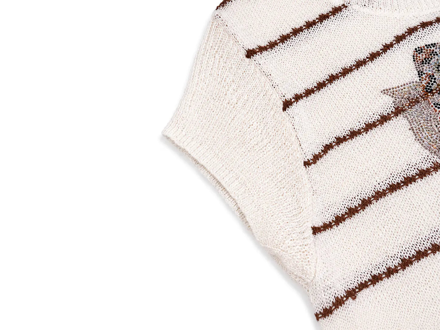 Close-up of a cream-colored knit garment with horizontal brown stripes and a small multicolor embroidered bird motif on the shoulder, shown against a plain white background. TCH Rhinestone Piggy Bow Striped Knit Top