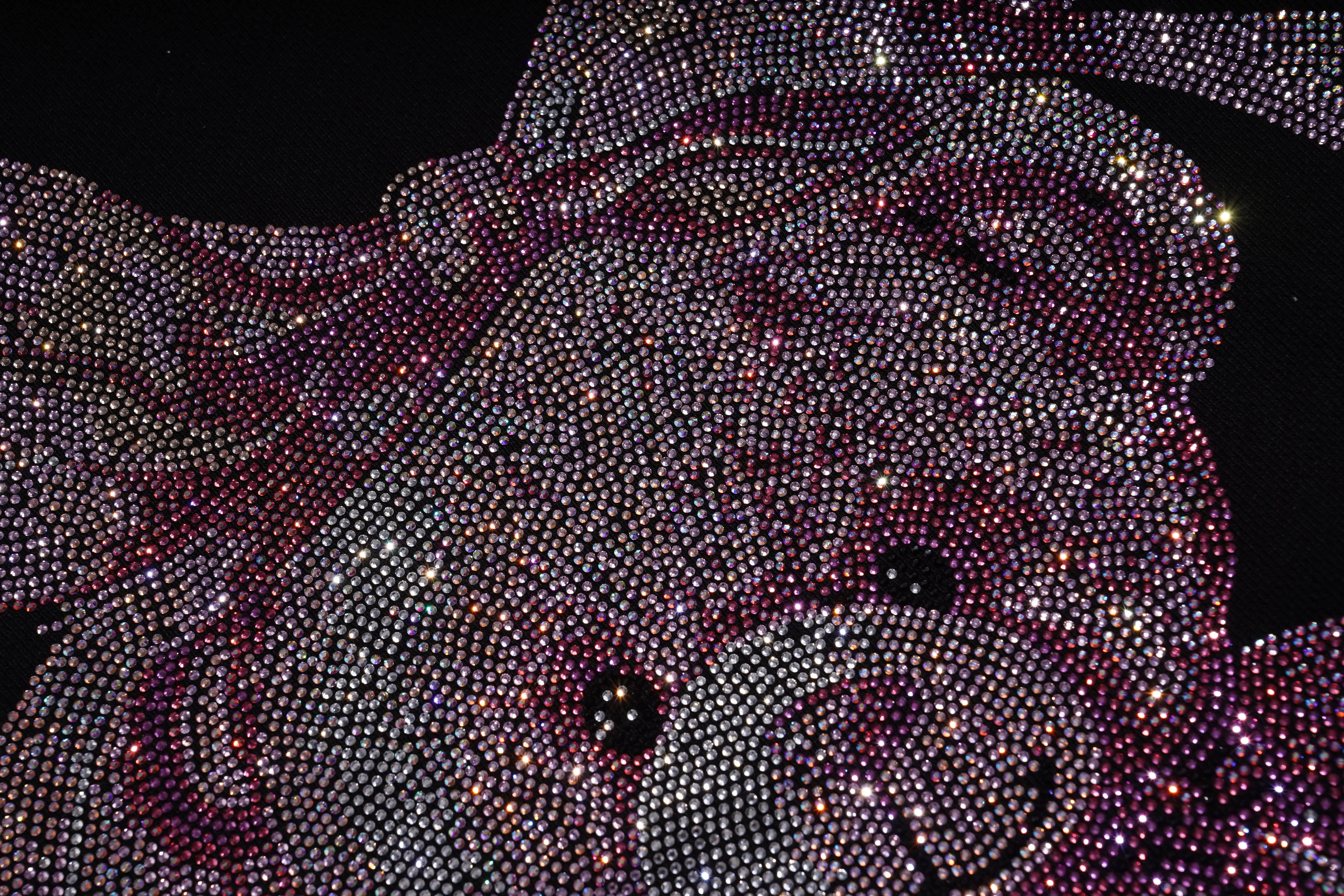 Close-up of a teddy bear made entirely of rhinestones on a black background, TCH Rhinestone Pink Bear Skull Sleeve Sweatshirt
