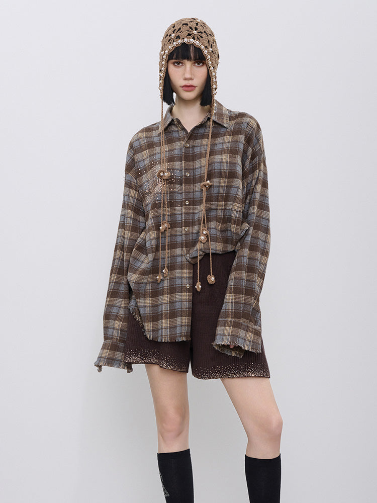 tch rhinestone plaid button down overzied shirt khaki HighEnd Luxury Streetwear Brand Official Showcase