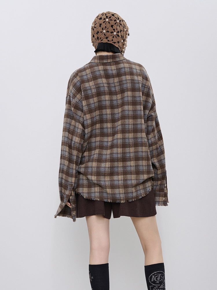 tch rhinestone plaid button down overzied shirt khaki HighEnd Luxury Streetwear Brand Official Showcase