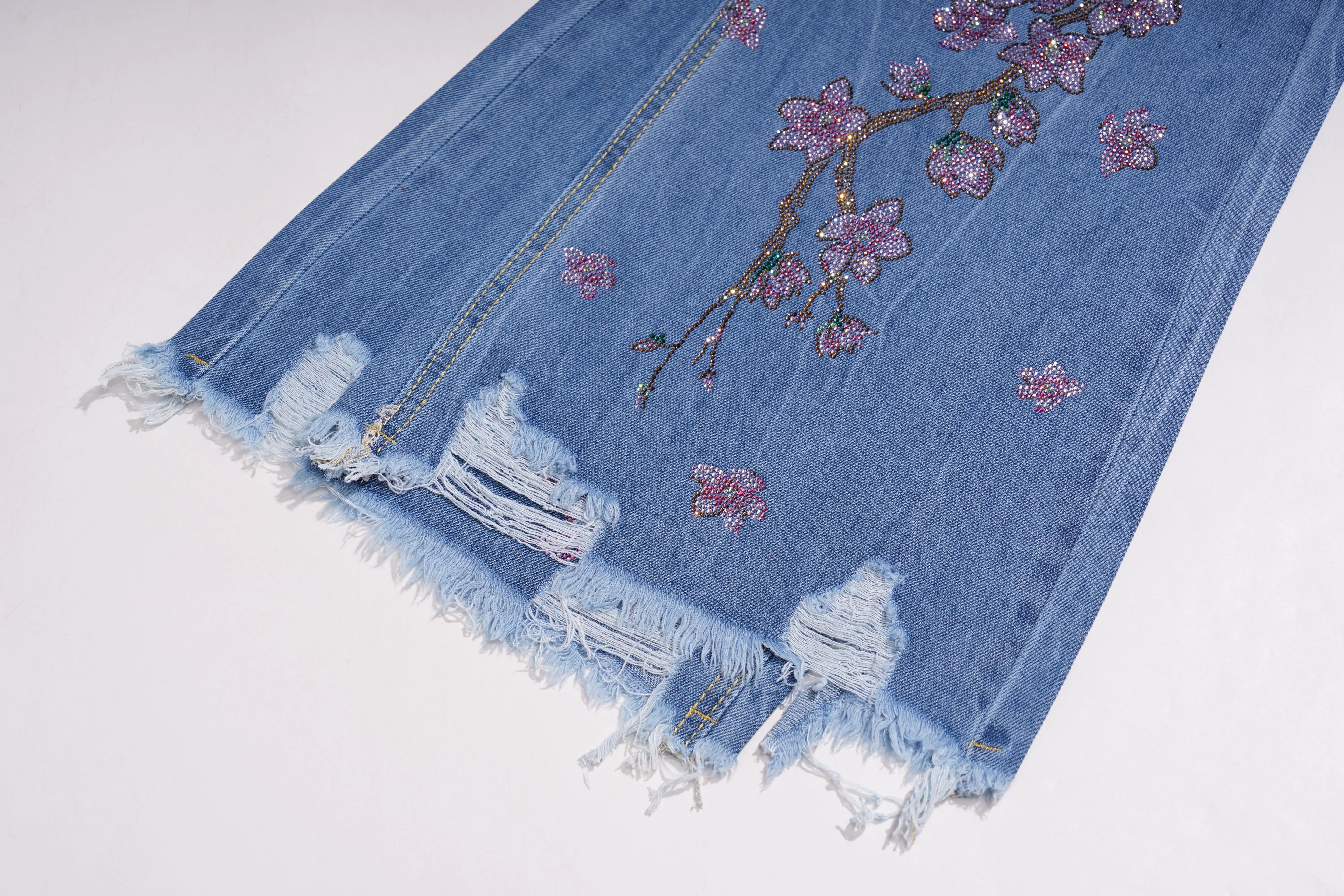 Denim scarf with floral embroidery on a white background, TCH Rhinestone Plum Blossom Tree Distressed Denim Jeans