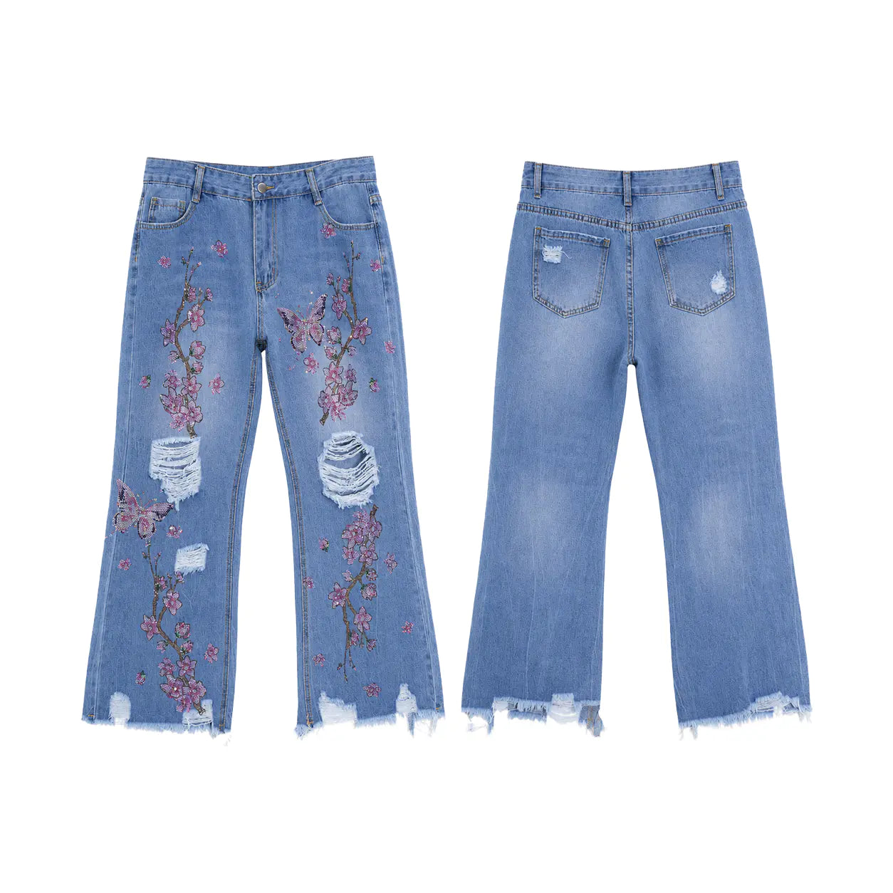 Pair of blue jeans with floral embroidery on a white background, TCH Rhinestone Plum Blossom Tree Distressed Denim Jeans