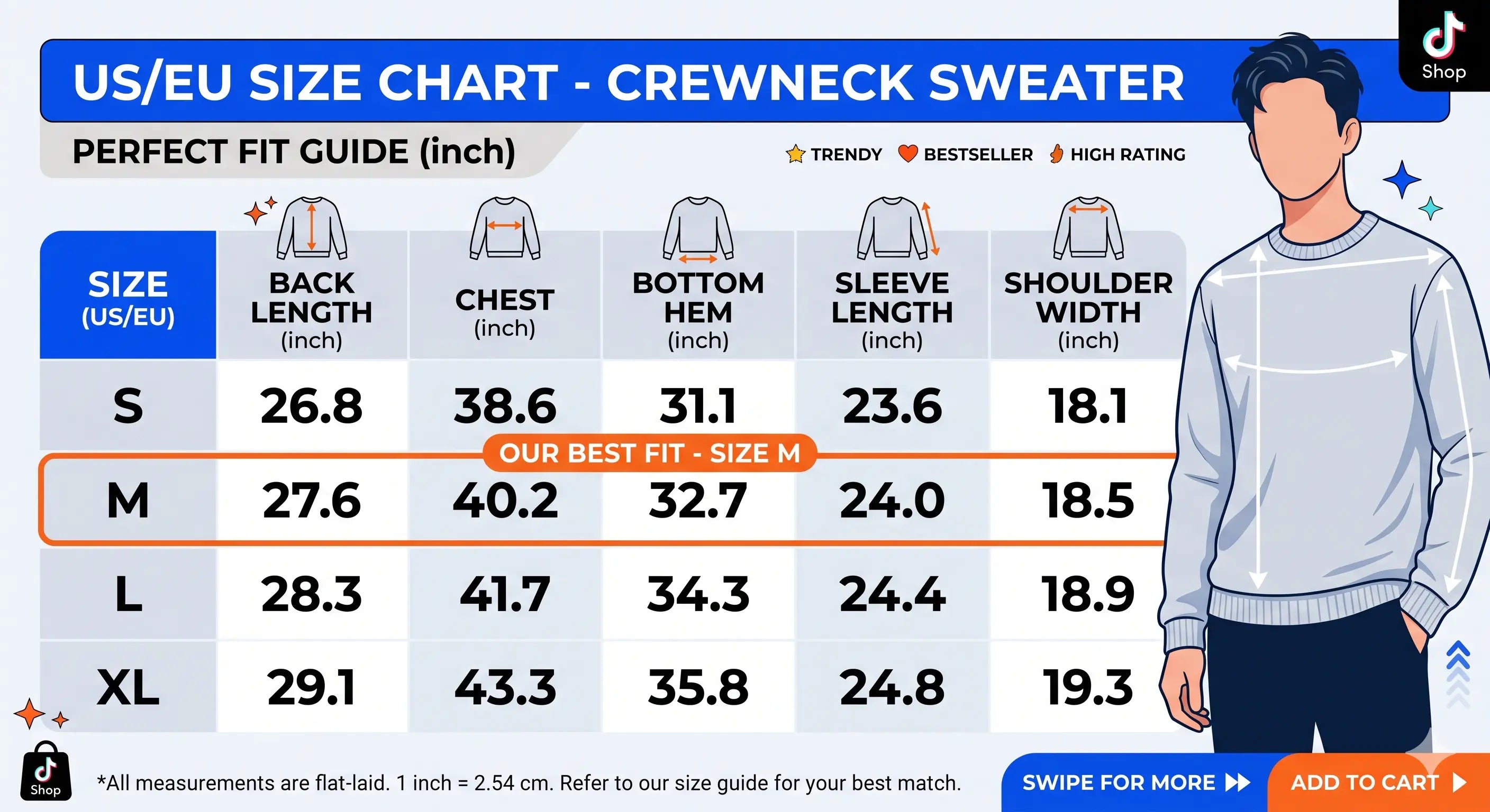 US/EU size chart for crewneck sweaters with a man wearing a sweater on the right side. TCH Rhinestone Puppy Black Streetwear Sweatshirt