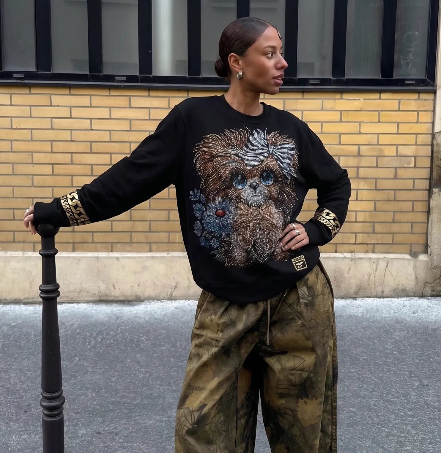 Person wearing a black sweatshirt with a graphic design, standing against a brick wall. TCH Rhinestone Puppy Black Streetwear Sweatshirt