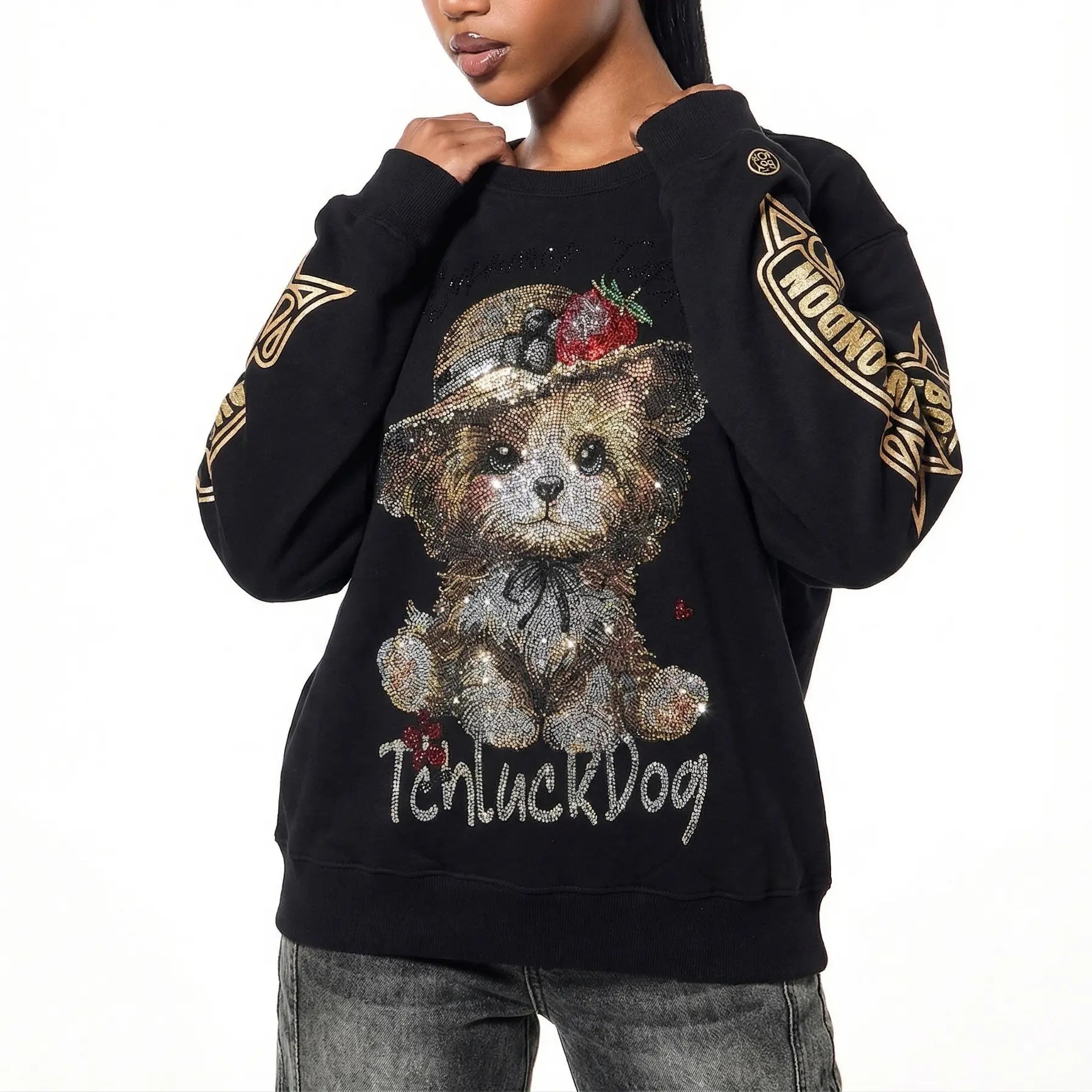 Black sweatshirt with teddy bear design and 'TchuckDog' text on a white background TCH Rhinestone Puppy Graphic Sweatshirt-