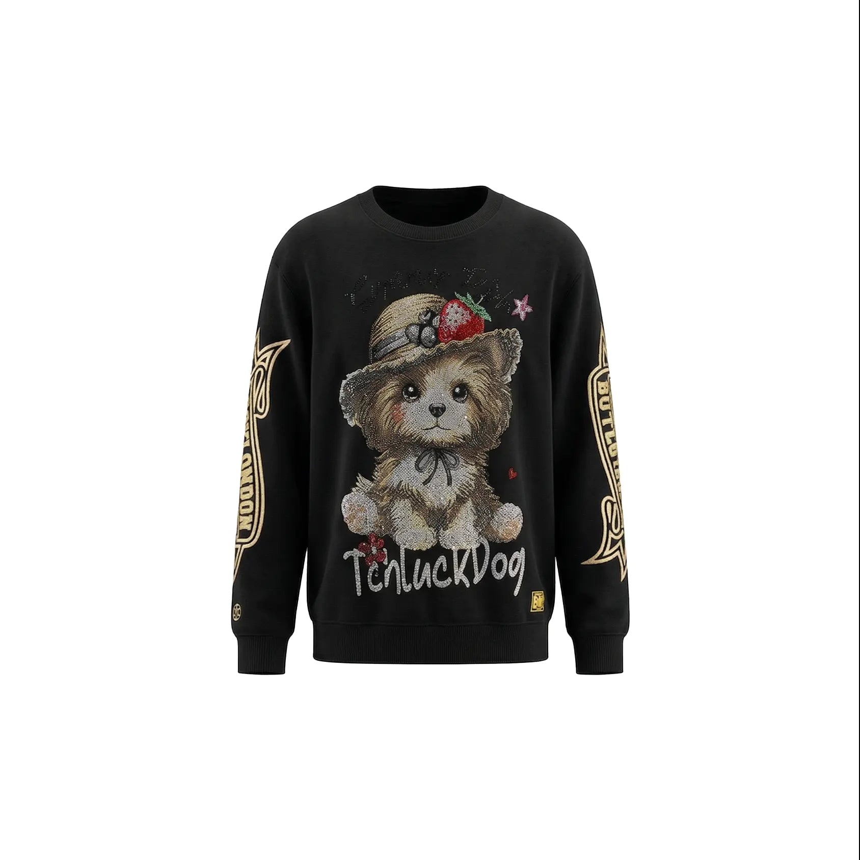Black sweatshirt with a teddy bear graphic and 'TchuckDog' text on a white background TCH Rhinestone Puppy Graphic Sweatshirt-