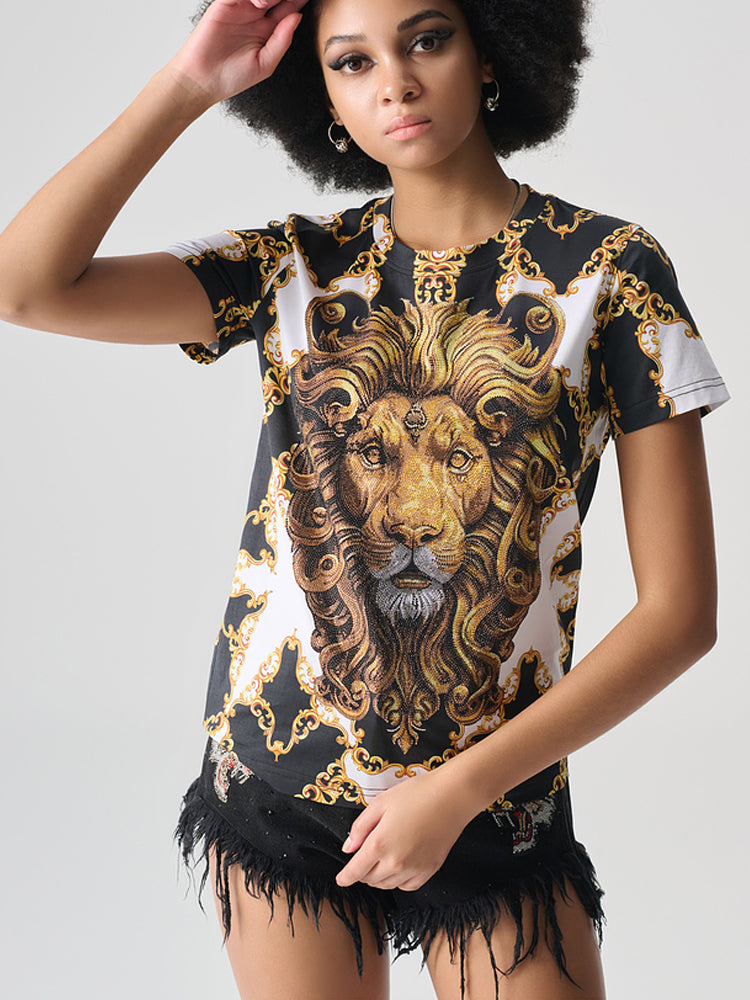 tch rhinestone royal studded lion tee top whitegold HighEnd Luxury Streetwear Brand Official Showcase