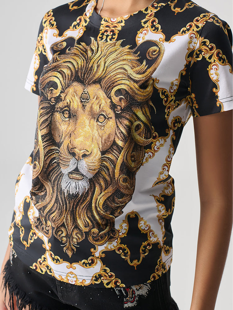 tch rhinestone royal studded lion tee top whitegold HighEnd Luxury Streetwear Brand Official Showcase