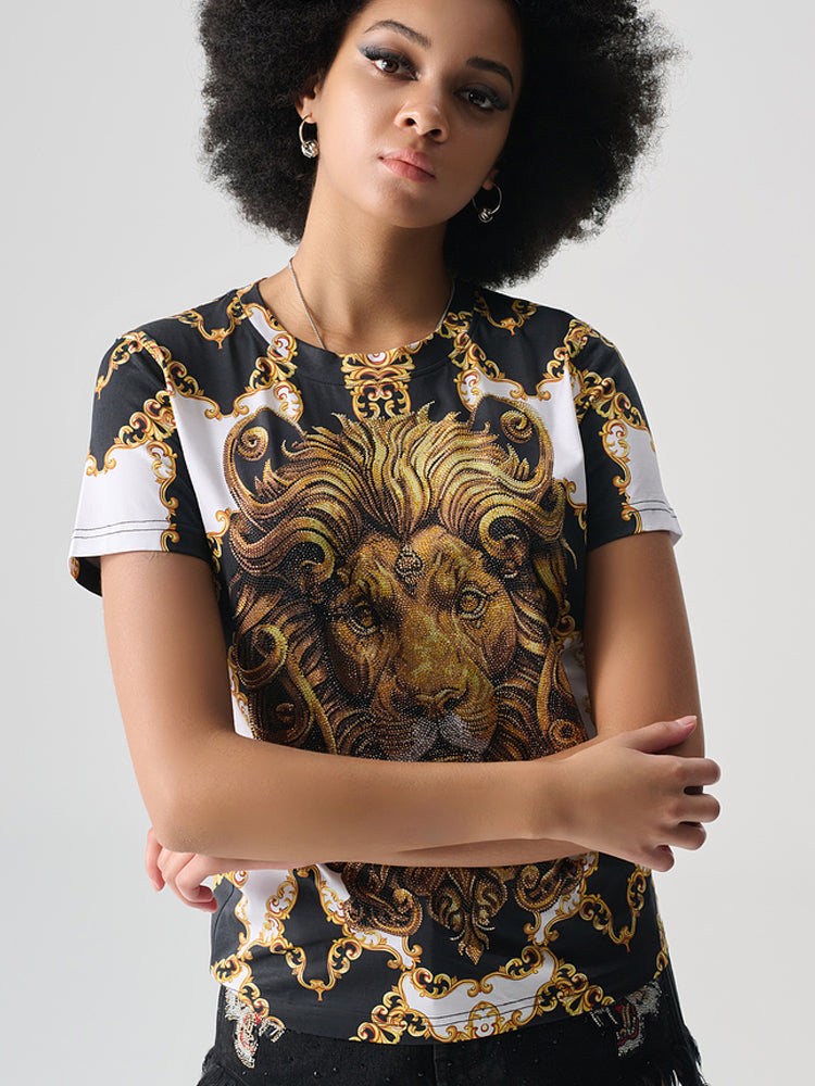 tch rhinestone royal studded lion tee top whitegold HighEnd Luxury Streetwear Brand Official Showcase