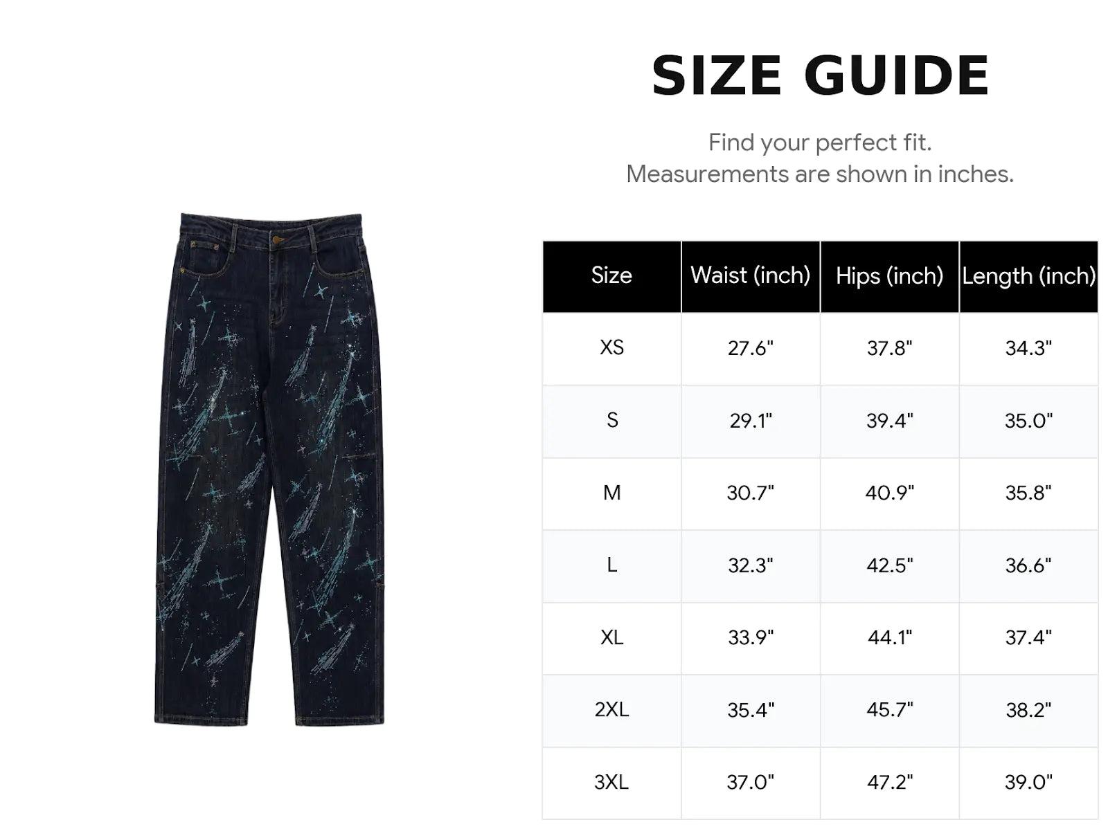A size guide graphic showing a pair of dark blue jeans with a light blue and white starry pattern on the left, and a sizing table with waist, hips, and length measurements in inches from XS to 3XL on the right. TCH Rhinestone Shooting Star Galaxy Jeans