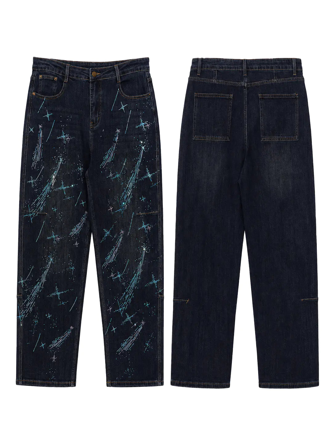 Front and back views of dark blue denim jeans with a light blue paint splatter pattern on the front, displayed against a solid white background. TCH Rhinestone Shooting Star Galaxy Jeans
