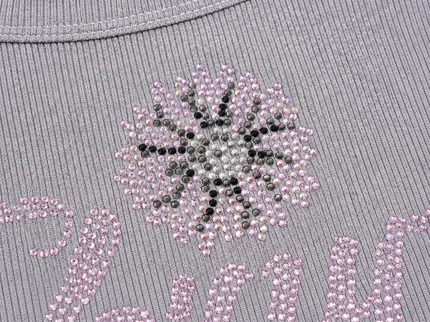 Gray fabric with pink and black rhinestone embellishments on a textured surface, TCH Rhinestone Signature Ribbed Tank Top
